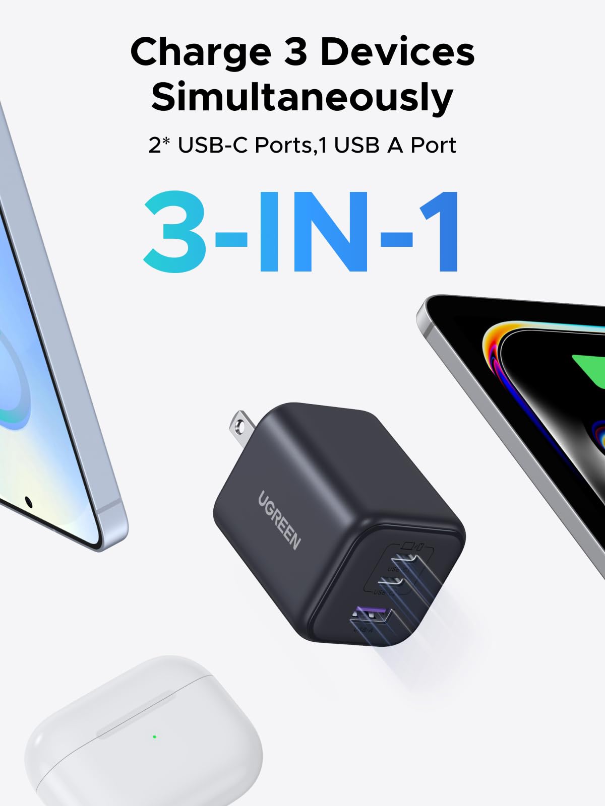 UGREEN 45W USB C Charger Block with 2 USB C and USB A Ports, GaN PPS 3 Port Super Fast Charger for iPhone 17 Pro Max/16, Galaxy S26/S25/S24 Ultra, Pixel 10/9/8/7 Pro, iPad, MacBook Air
