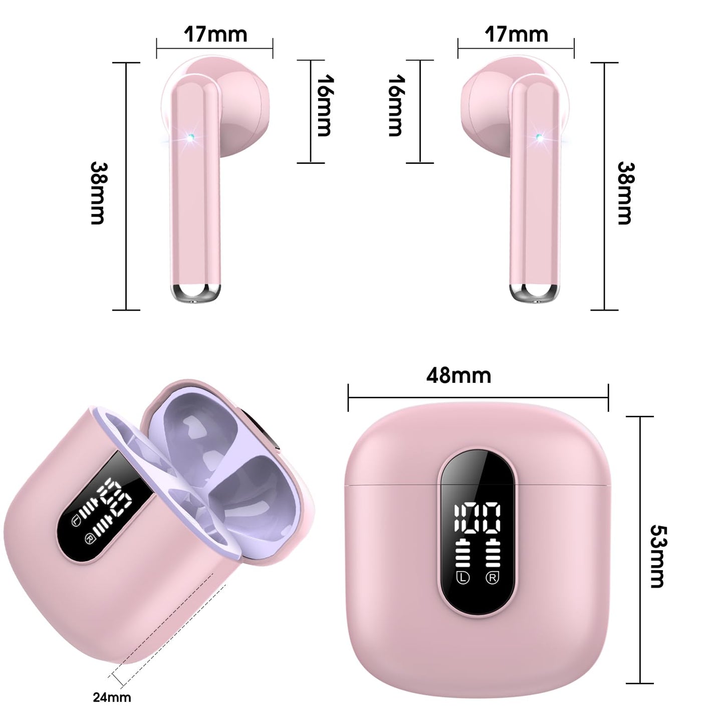 Wireless Earbuds, Bluetooth 5.3 Headphones HiFi Stereo, Mini in-Ear Bluetooth Earbuds, Wireless Earphones with 4 ENC Noise Cancelling Mic, IP7 Waterproof, LED Display, Touch Control Ear Buds, White