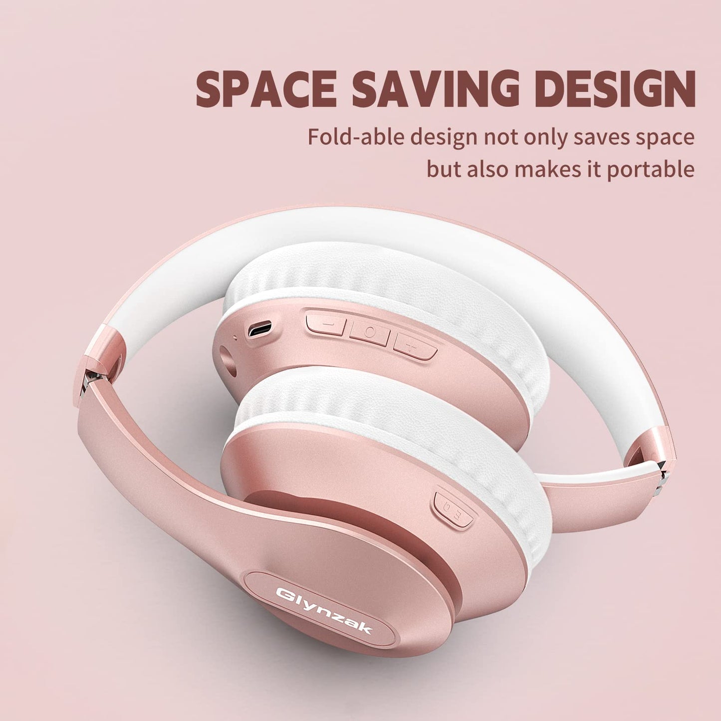Wireless Bluetooth Headphones Over Ear 65H Playtime HiFi Stereo Headset with Microphone and 6EQ Modes Foldable Bluetooth V6.0 Headphones for Desktop Computer Laptop Rose Gold