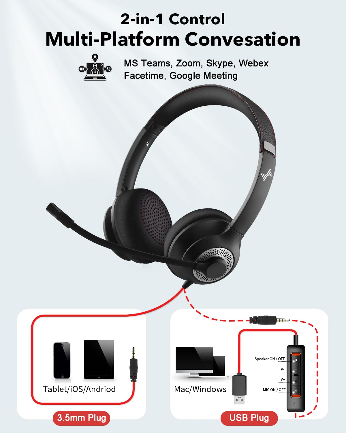 JIAMQISHI USB Headset with Mic for PC, On-Ear Computer Laptop Headphones with Noise Cancelling Microphone in-line Control for Home Office Online Class Skype Zoom