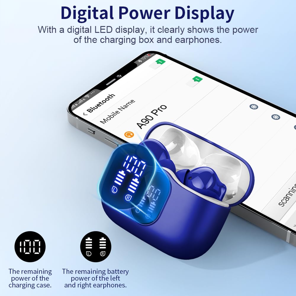 Wireless Earbuds, Bluetooth Headphones 5.4 HiFi Stereo, Wireless Earphones with ENC Noise Cancelling Mic, IP7 Waterproof in Ear Headphones, LED Digital Display Ear Buds, Touch Control, Black