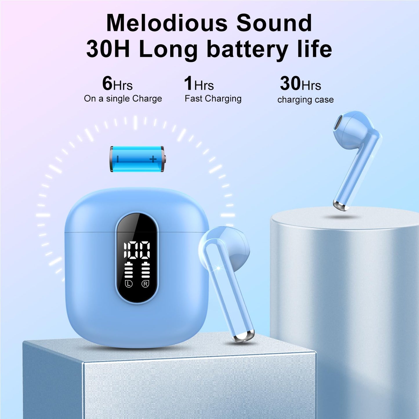 Wireless Earbuds, Bluetooth 5.3 Headphones HiFi Stereo, Mini in-Ear Bluetooth Earbuds, Wireless Earphones with 4 ENC Noise Cancelling Mic, IP7 Waterproof, LED Display, Touch Control Ear Buds, White