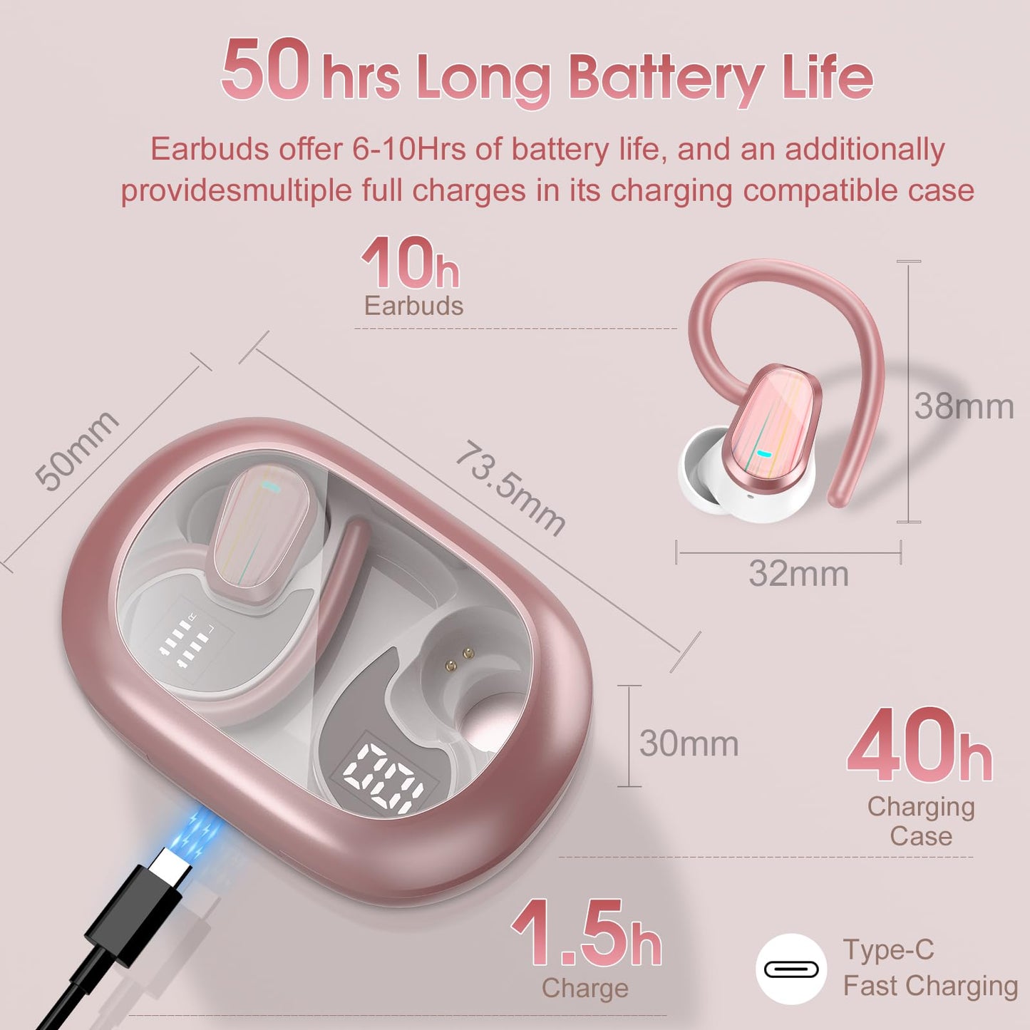 Wireless Earbuds, 50H Bluetooth 5.4 Headphones Sport, Bluetooth Earbuds with ENC Noise Canceling, HiFi Stereo Sound Wireless Earphones with Earhooks, IP7 Waterproof Ear Buds for Sports/Workout/Running