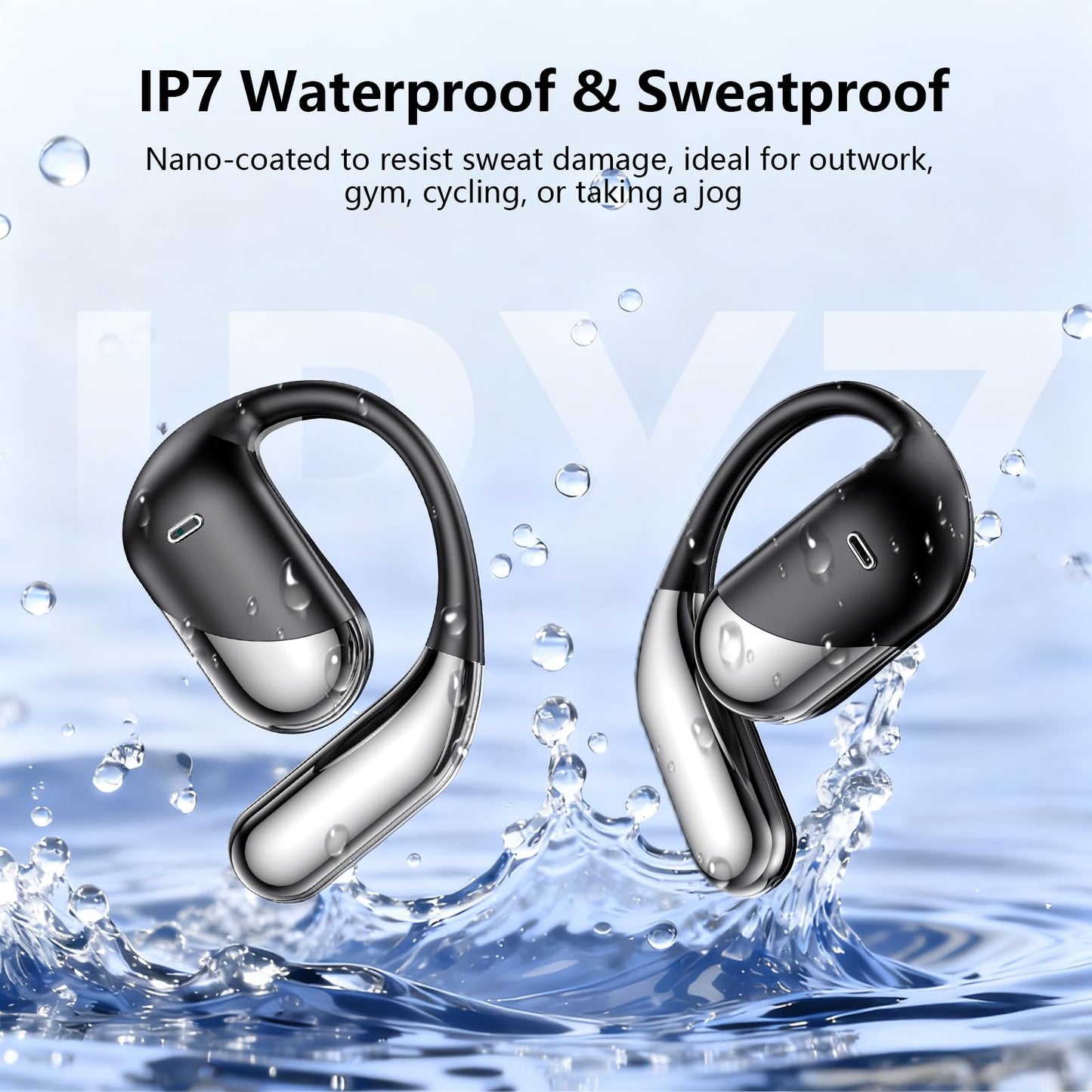 Open Ear Wireless Earbuds, Sports Bluetooth Headphones with Real Time Translation, 80Hrs Playtime with LED Power Display, Noise Canceling Headset, IPX7 Waterproof Earphones for Workout/Running