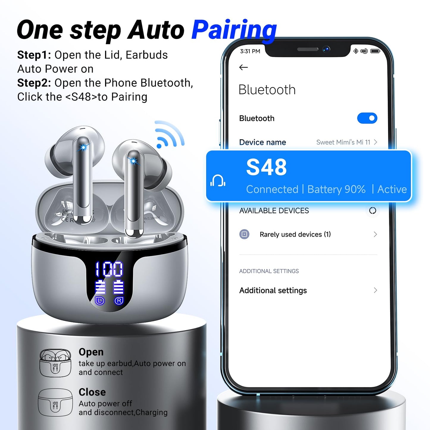 Wireless Earbuds, Bluetooth 5.4 Headphones, 50H Playback Deep Bass Stereo Ear Buds with LED Power Display Charging Case, IPX7 Waterproof in-Ear Earbuds for Smart Phone Laptop Computer Sports Black