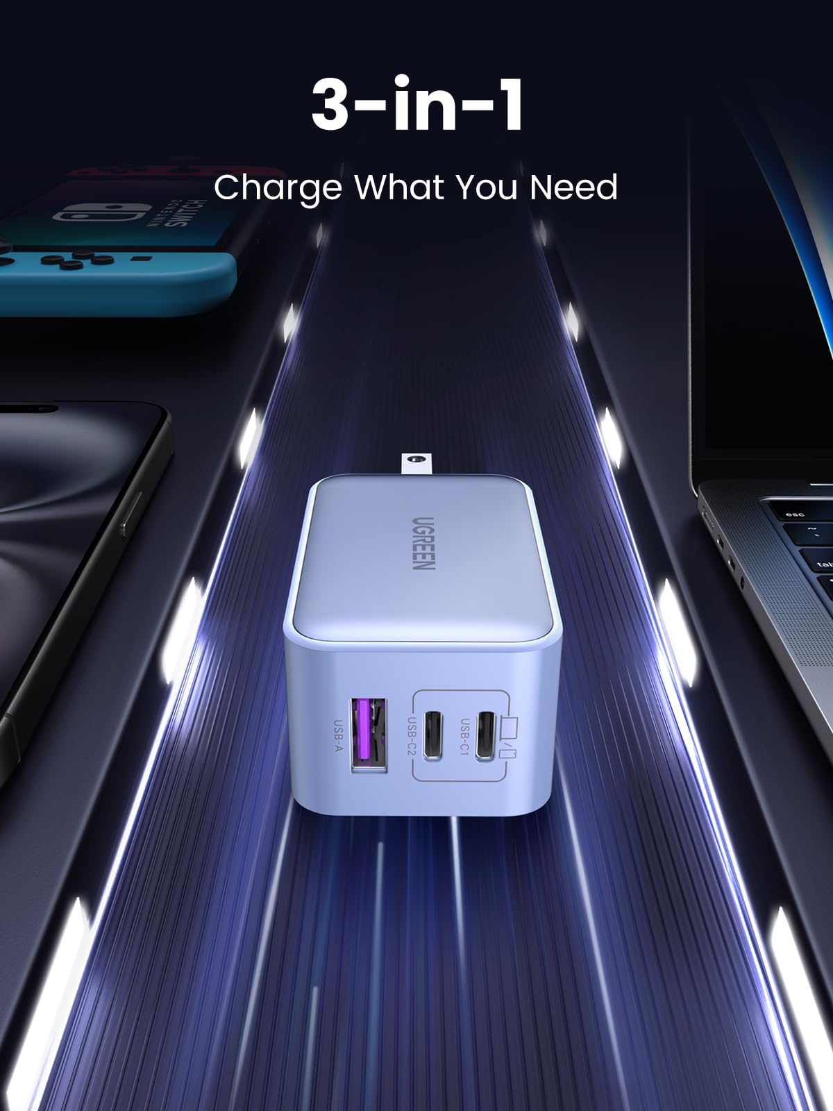 UGREEN Nexode 65W USB C Charger, 3 Port GaN Charger Foldable Tablet Charger Block Compatible with iPhone 17 Pro Max/17 Pro/iPhone Air/17, Tablet, iPad, MacBook Pro/Air, Galaxy S26 S25, Pixel 10