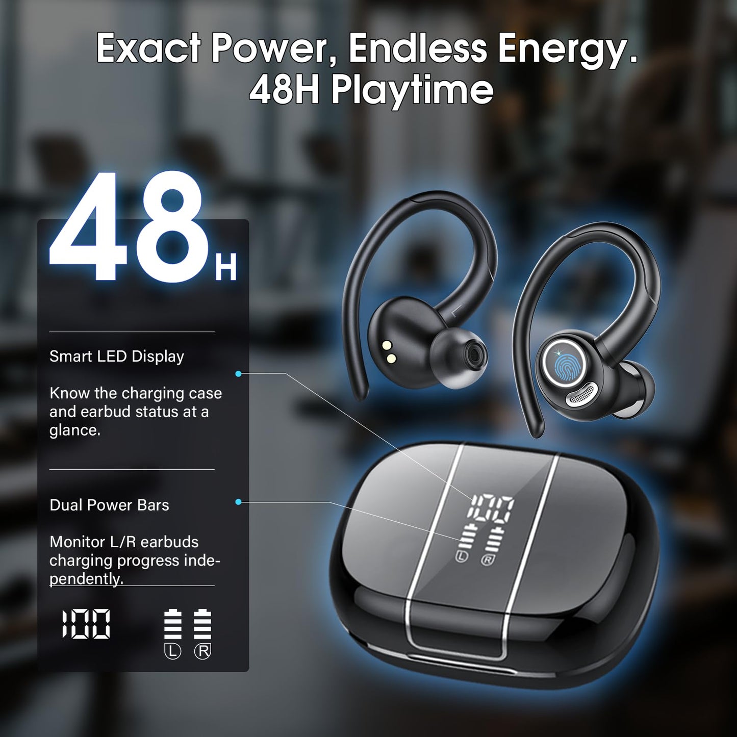 2026 Wireless Earbuds Bluetooth 5.3 Headphones Sports, 48H Earphones with ENC Mic, Stereo Deep Bass Bluetooth Earbuds with Secure Earhook, LED Display, IPX7 Waterproof Ear Buds for Running/Gym/Workout