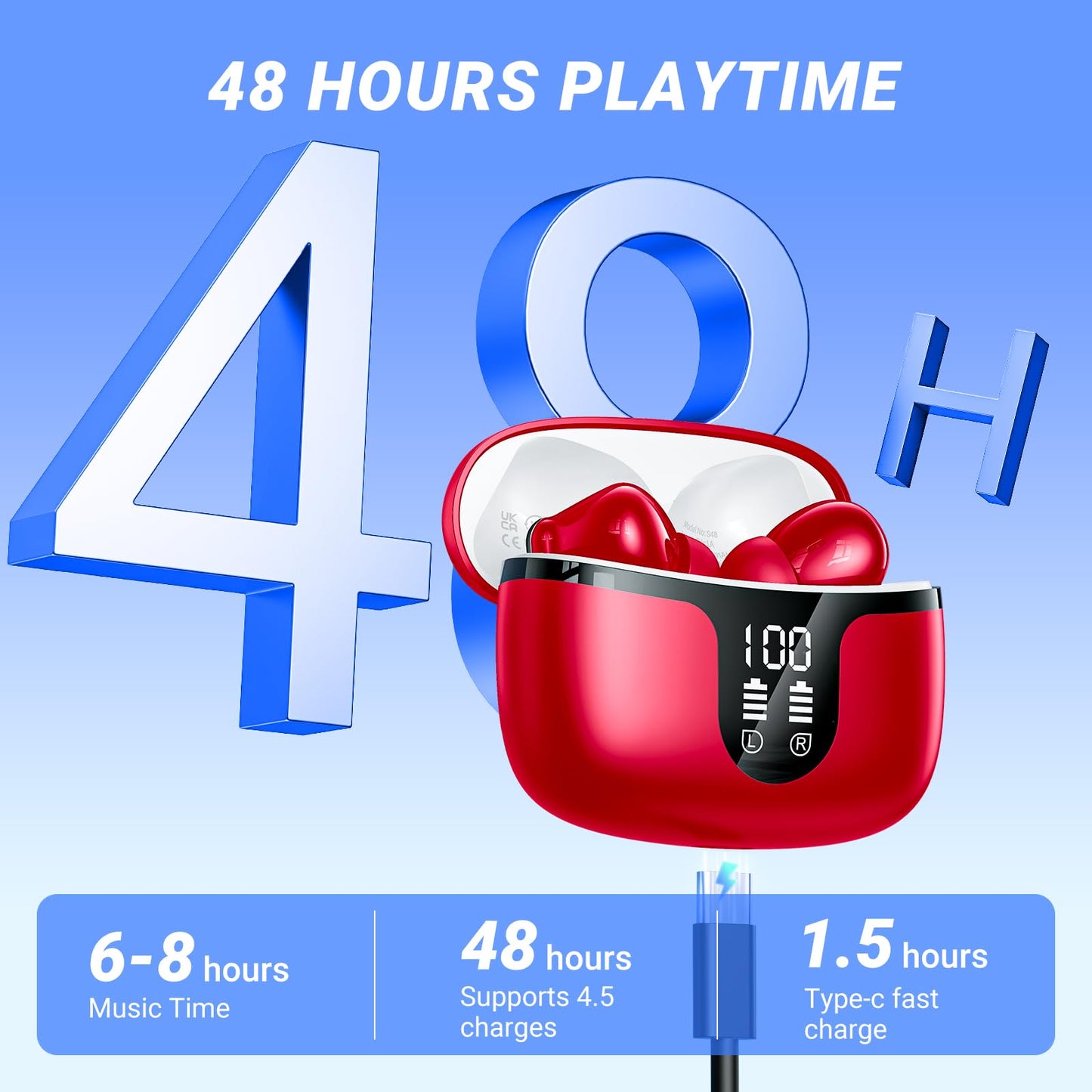 Wireless Earbuds, Bluetooth 5.4 Headphones, 50H Playback Deep Bass Stereo Ear Buds with LED Power Display Charging Case, IPX7 Waterproof in-Ear Earbuds for Smart Phone Laptop Computer Sports Black