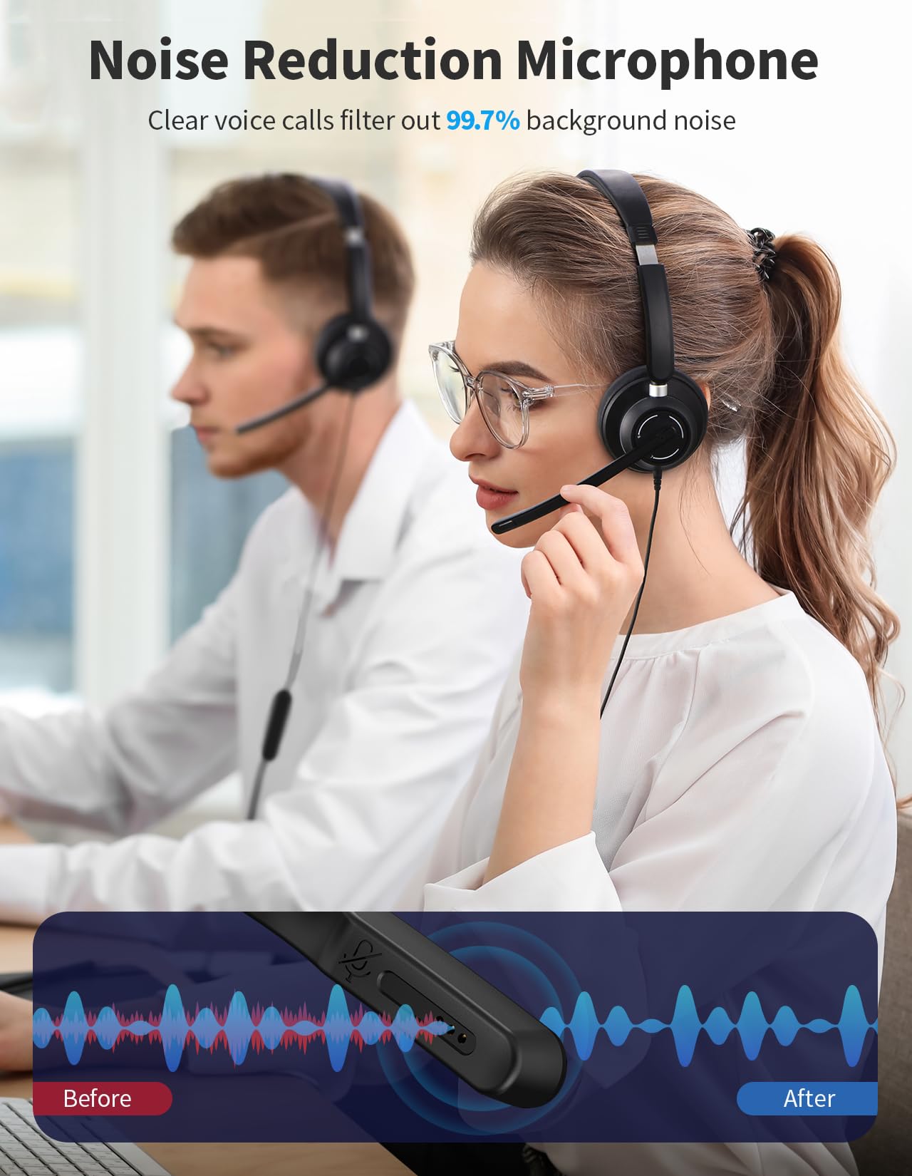 USB Headset with Microphone for PC, Wired Headphones with Noise Cancelling Mic, Computer Headset with in-line Controls, 3.5mm & USB Plug for Zoom, Skype, Call Center, Office Use, Black