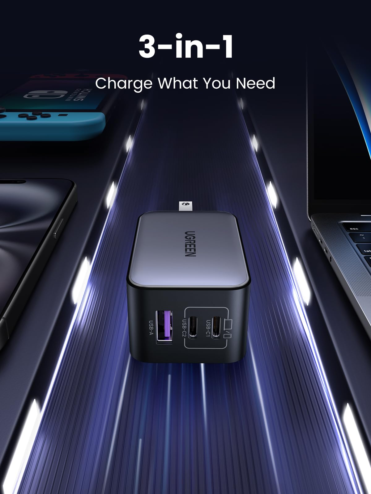 UGREEN Nexode 65W USB C Charger, 3 Port GaN Charger Foldable Tablet Charger Block Compatible with iPhone 17 Pro Max/17 Pro/iPhone Air/17, Tablet, iPad, MacBook Pro/Air, Galaxy S26 S25, Pixel 10