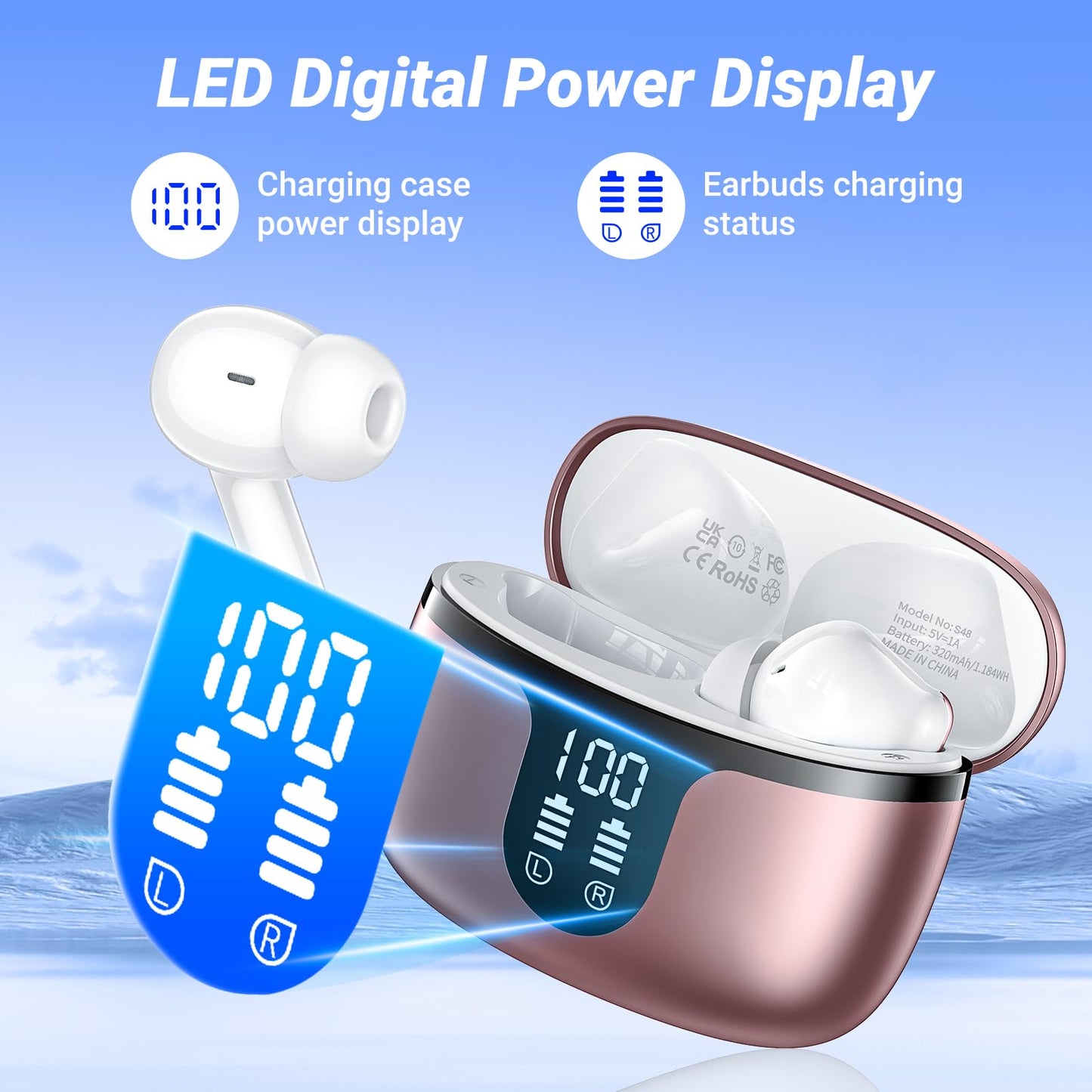 Wireless Earbuds, Bluetooth 5.4 Headphones, 50H Playback Deep Bass Stereo Ear Buds with LED Power Display Charging Case, IPX7 Waterproof in-Ear Earbuds for Smart Phone Laptop Computer Sports Black