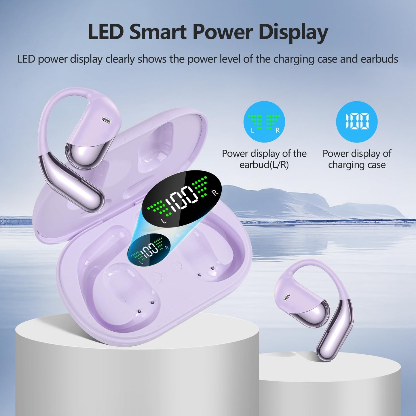 Open Ear Wireless Earbuds, Sports Bluetooth Headphones with Real Time Translation, 80Hrs Playtime with LED Power Display, Noise Canceling Headset, IPX7 Waterproof Earphones for Workout/Running
