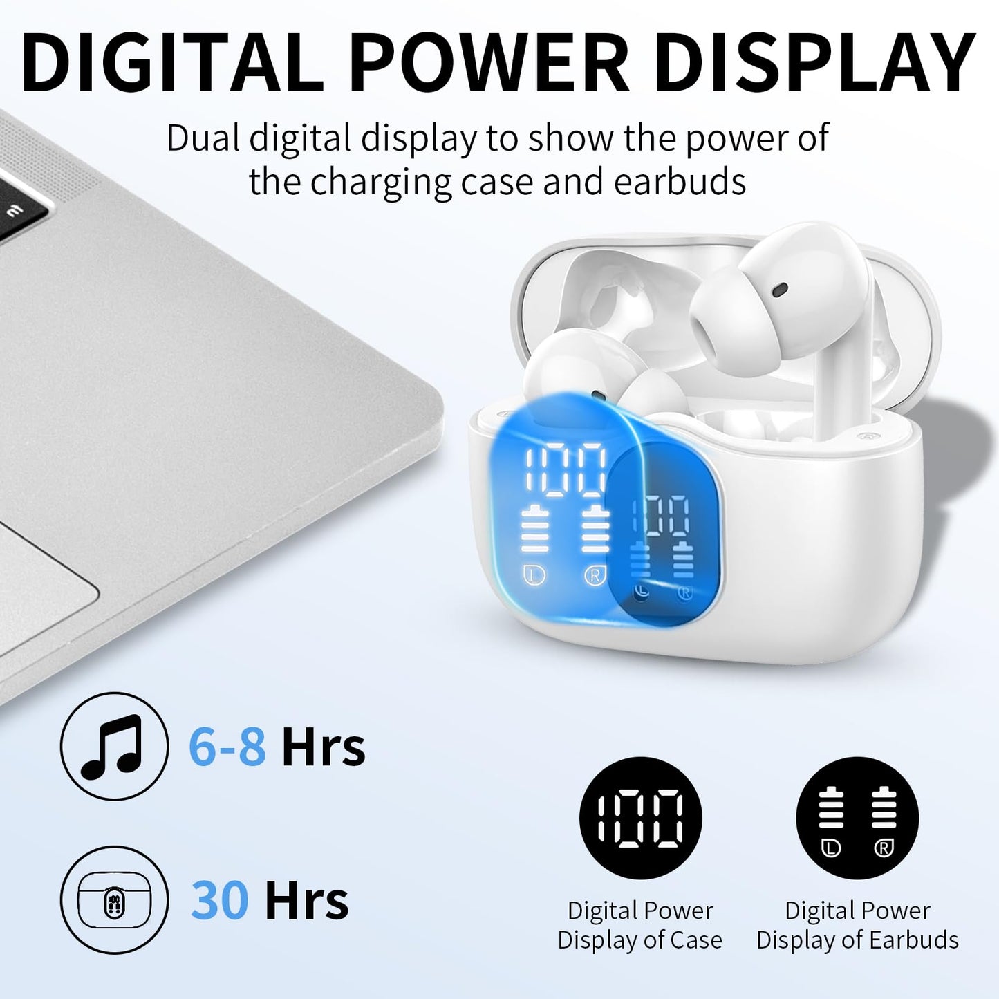 Wireless Earbuds, Bluetooth Headphones 5.4 HiFi Stereo, Wireless Earphones with ENC Noise Cancelling Mic, IP7 Waterproof in Ear Headphones, LED Digital Display Ear Buds, Touch Control, Black