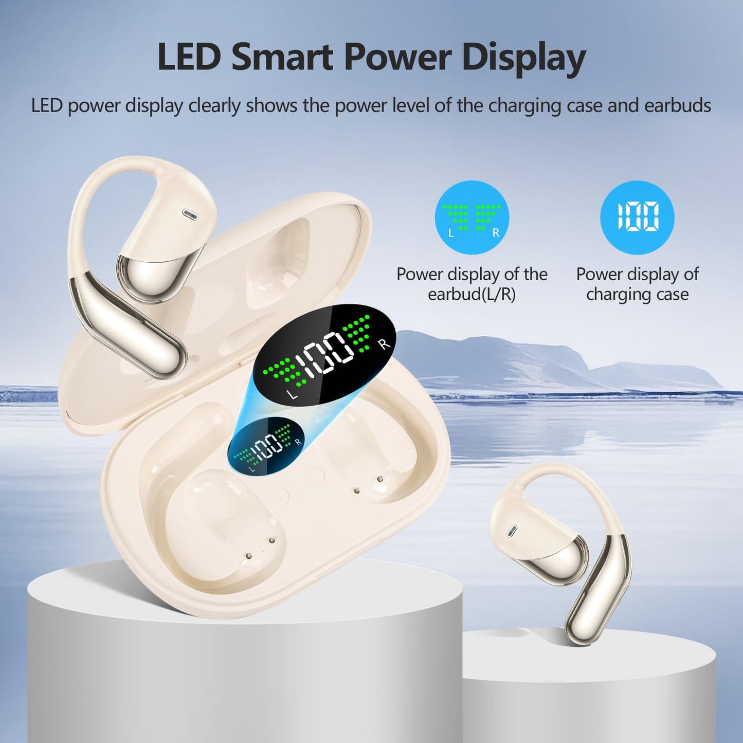 Open Ear Wireless Earbuds, Sports Bluetooth Headphones with Real Time Translation, 80Hrs Playtime with LED Power Display, Noise Canceling Headset, IPX7 Waterproof Earphones for Workout/Running