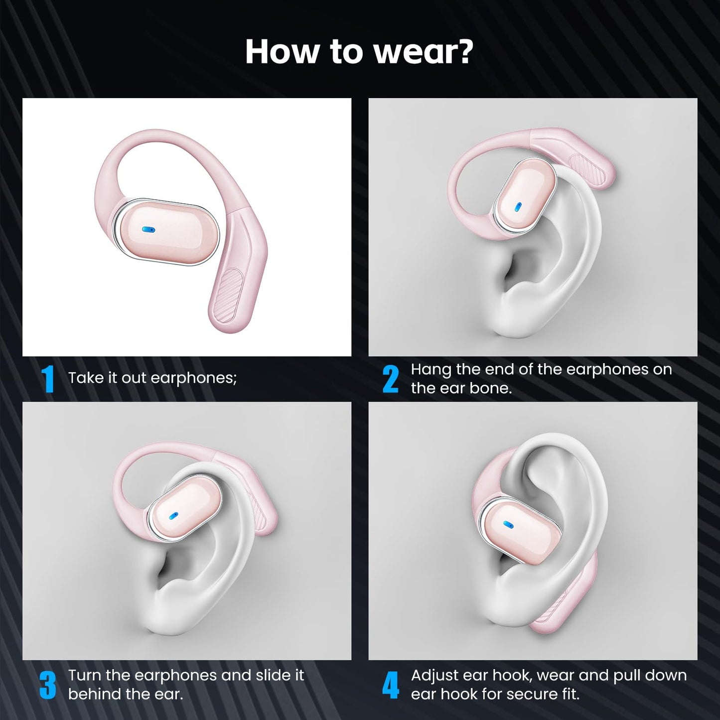 Open Ear Wireless Earbuds Bluetooth Headphones, 80H Playtime Stereo Ear Buds with ENC Noise Cancelling, Fast Charging, IPX7 Waterproof Sports Earphones with Earhook for Running/Workouts (Black)