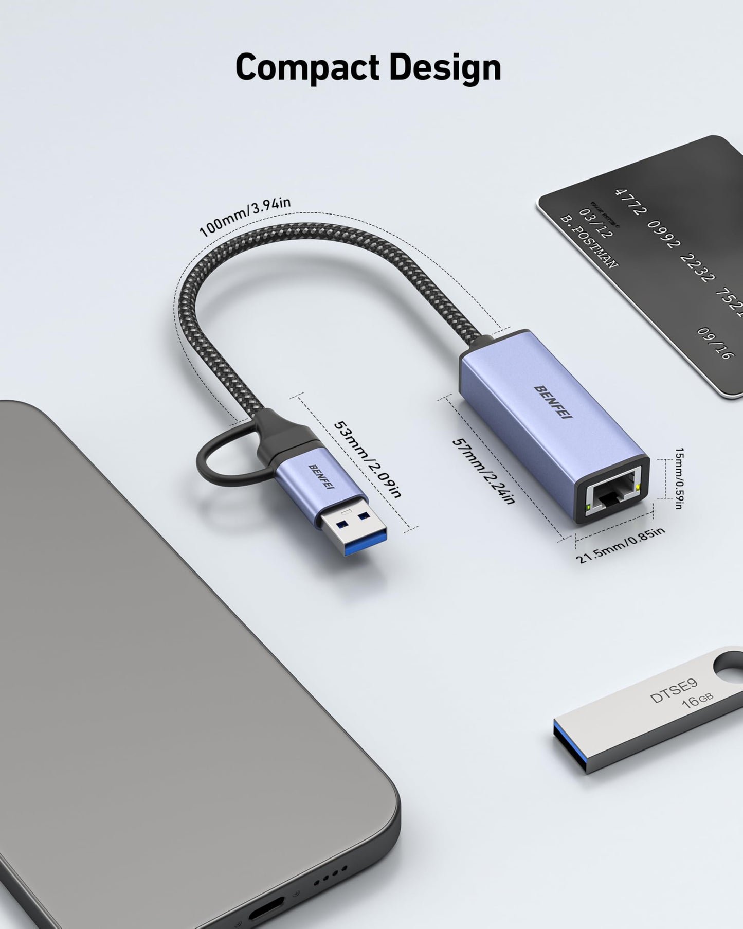BENFEI USB 3.0 to Ethernet Adapter, USB C to RJ45 Gigabit LAN (1000Mbps) Network Adapter, Compatible with MacBook/Pro/Air, Surface Pro, Windows 11/10/8/7, Mac OS [Aluminium Shell&Nylon Cable]