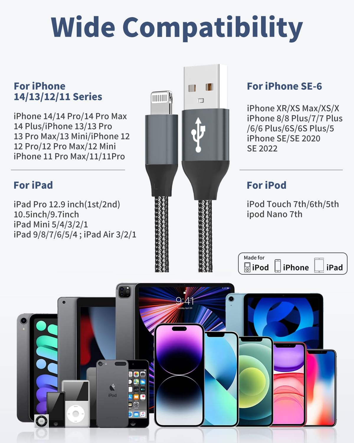 iPhone Charger Cord Lightning Cable (Apple MFi Certified) 6/6/10ft 3 Pack iPhone Cable Fast Charging Long Apple Charger Cable for iPhone 13 13 Pro 12 Pro 11 SE Max XS XR X, iPad Mini Air, iPod, AirPod