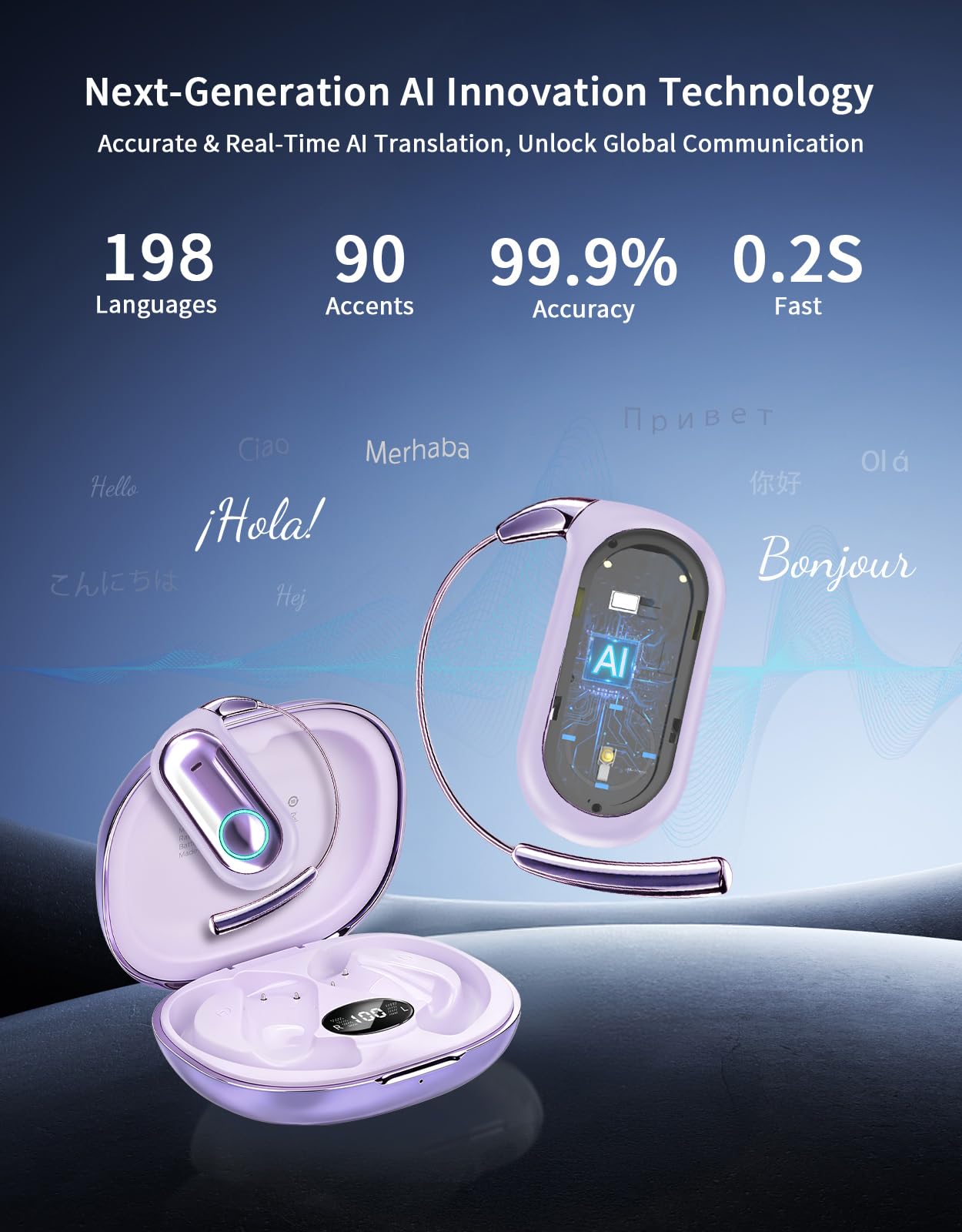 AI Translation Earbuds Real Time 96H Open Ear Bluetooth 6.1 Translator Earbuds w/Ultra-Slim Earhooks 198 Language Two-Way Translator Device Game & Music Dual Modes No Subscription for Travel Learning