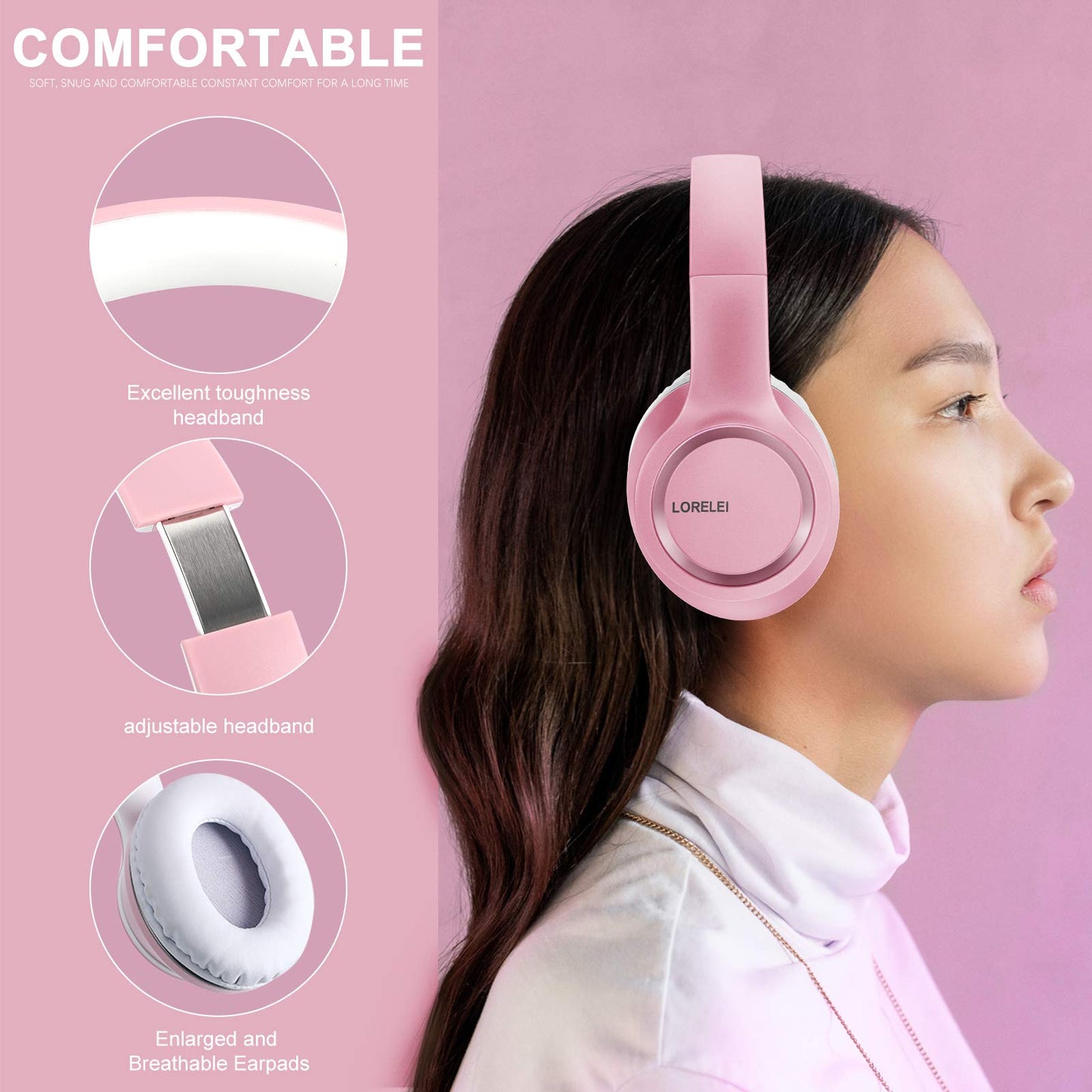 LORELEI X8 Over-Ear Wired Headphones with Microphone with 1.45m-Tangle-Free Nylon Line&3.5mm Plug,Lightweight Foldable & Portable Headphones for Smartphone,Tablet,Computer,Mp3/4（Pearl Pink）