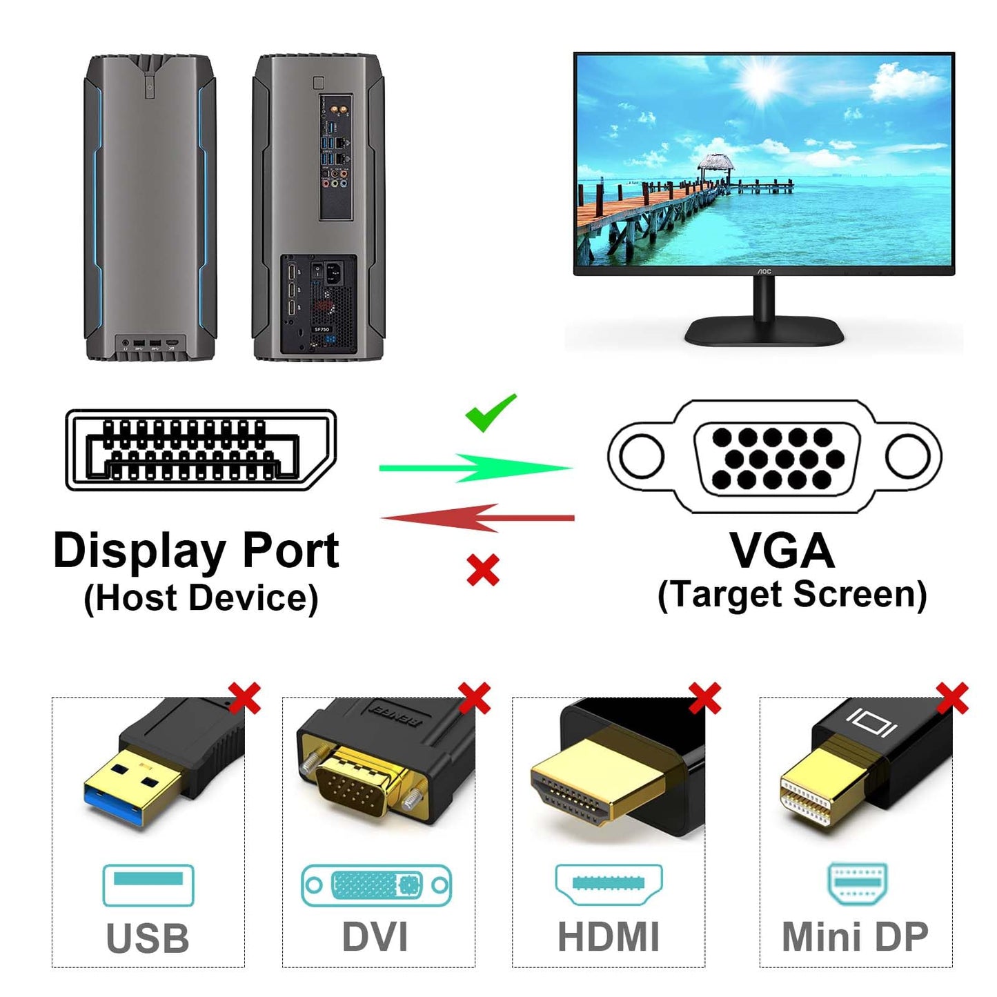 BENFEI Câble DisplayPort vers VGA, port d'affichage de 1,8 m pour ordinateur/ordinateur portable vers VGA de moniteur/projecteur adaptateur plaqué or (non bidirectionnel, non compatible avec HDMI ou
