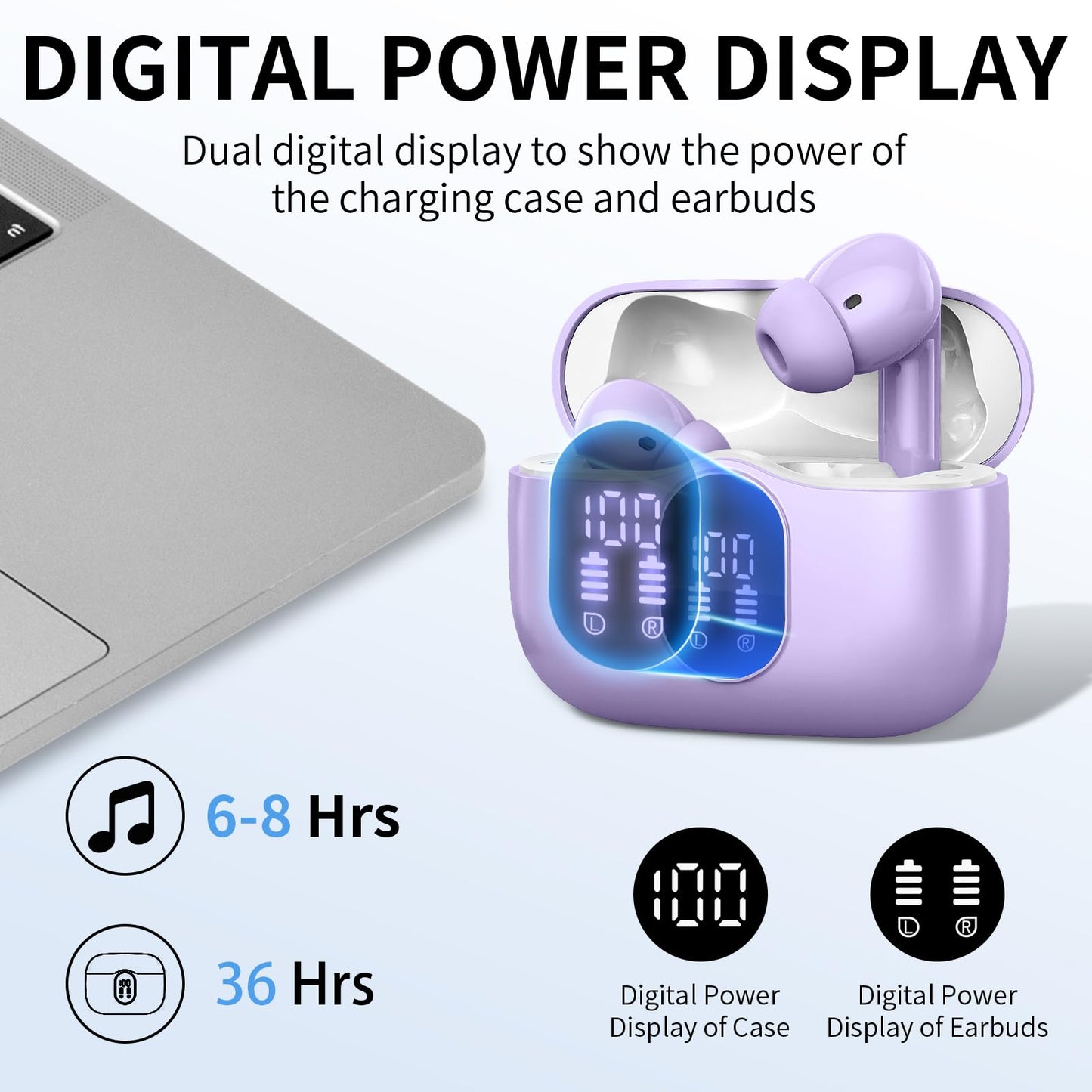 Wireless Earbuds, Bluetooth Headphones 5.4 HiFi Stereo, Wireless Earphones with ENC Noise Cancelling Mic, IP7 Waterproof in Ear Headphones, LED Digital Display Ear Buds, Touch Control, Black