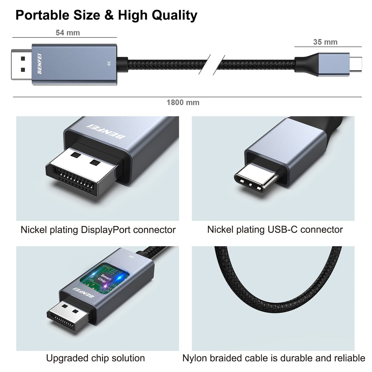 BENFEI USB-C to DisplayPort 6 Feet Cable(8K@60Hz 4K@144Hz), USB Type-C to DisplayPort Cable [Thunderbolt 3/4 Compatible] with iPhone 15 Pro/Max, MacBook Pro/Air 2023, iPad Pro, iMac, S23, XPS 17