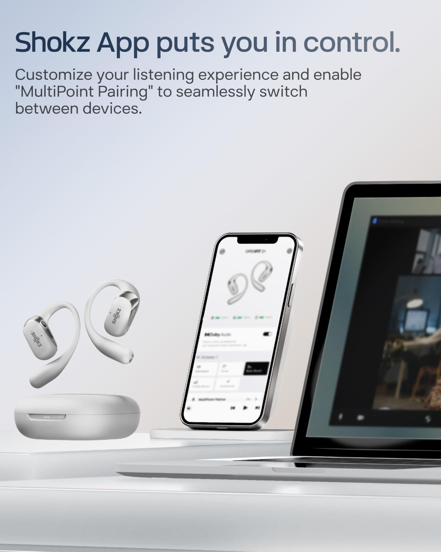 SHOKZ New OpenFit 2+ Open-Ear Headphones, Dolby Audio Enabled, Comfortable Earbuds with Soft Ear Hooks, 48H Playtime, IP55 Water-Resistant, USB-C Fast Charging, Wireless Charging, Carrying Bag,Black