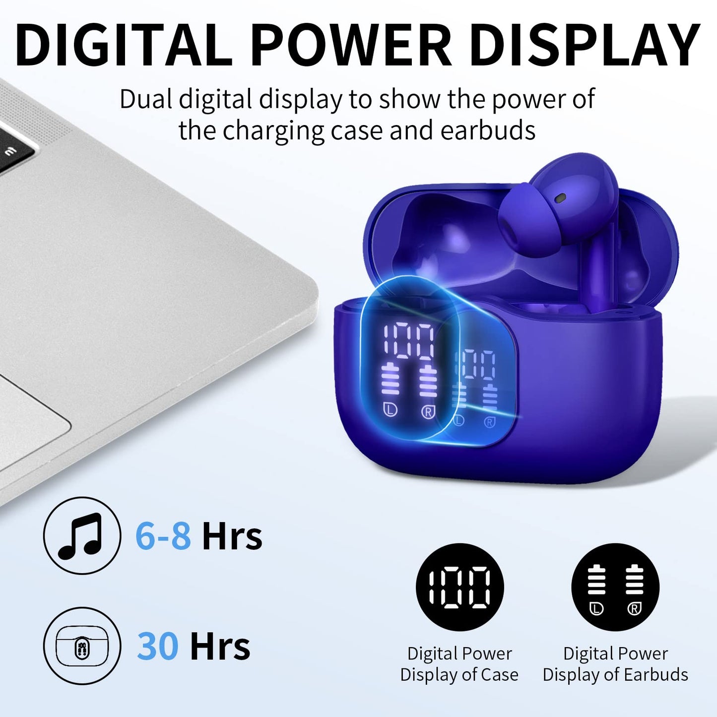Wireless Earbuds, Bluetooth Headphones 5.4 HiFi Stereo, Wireless Earphones with ENC Noise Cancelling Mic, IP7 Waterproof in Ear Headphones, LED Digital Display Ear Buds, Touch Control, Black