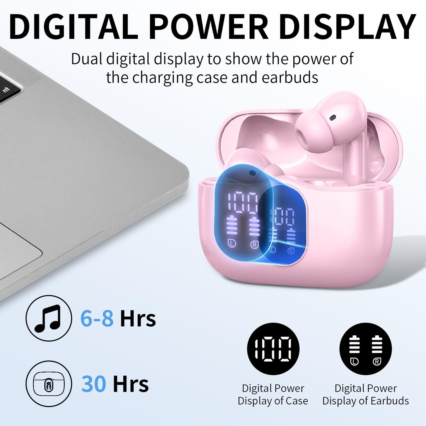 Wireless Earbuds, Bluetooth Headphones 5.4 HiFi Stereo, Wireless Earphones with ENC Noise Cancelling Mic, IP7 Waterproof in Ear Headphones, LED Digital Display Ear Buds, Touch Control, Black