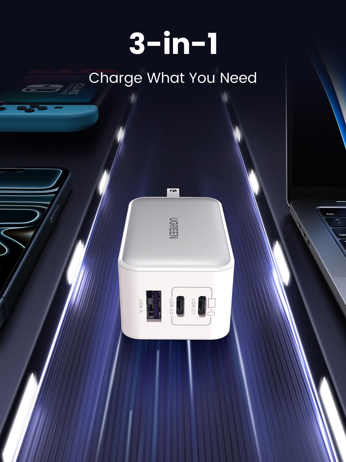 UGREEN Nexode 65W USB C Charger, 3 Port GaN Charger Foldable Tablet Charger Block Compatible with iPhone 17 Pro Max/17 Pro/iPhone Air/17, Tablet, iPad, MacBook Pro/Air, Galaxy S26 S25, Pixel 10