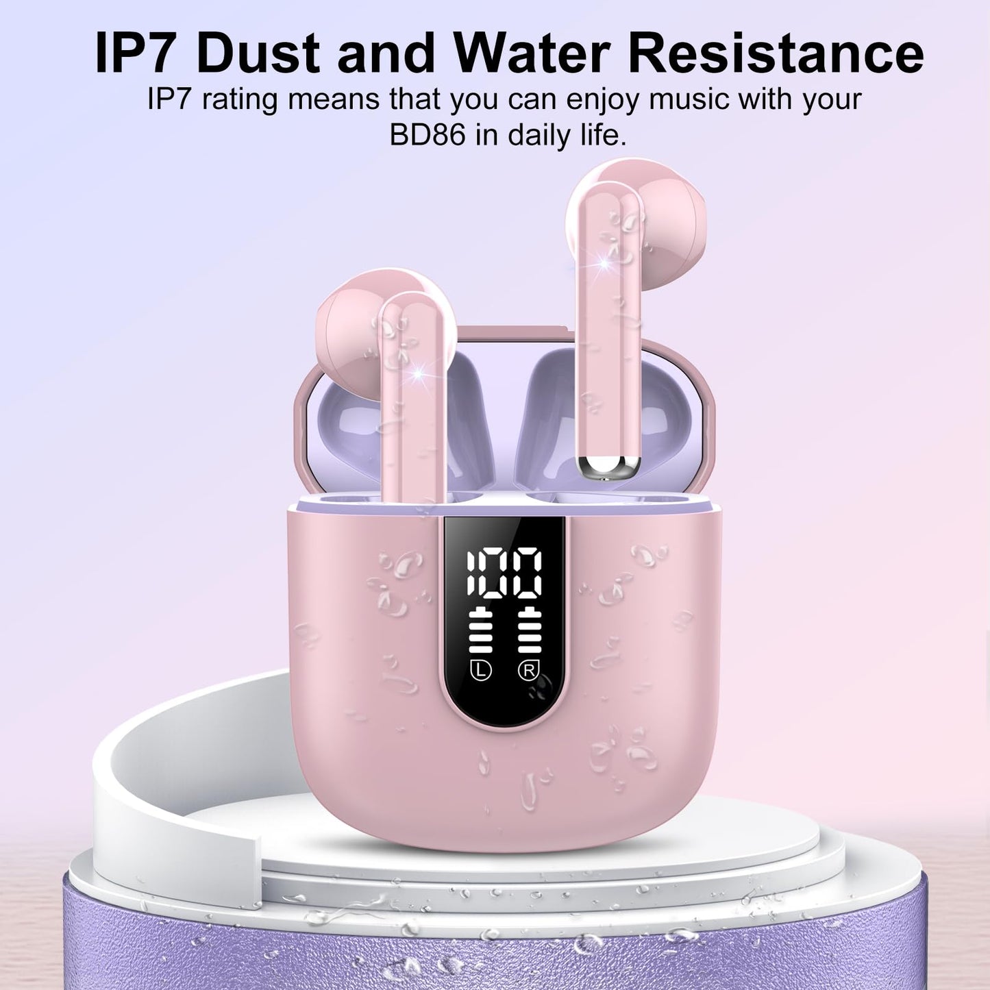 Wireless Earbuds, Bluetooth 5.3 Headphones HiFi Stereo, Mini in-Ear Bluetooth Earbuds, Wireless Earphones with 4 ENC Noise Cancelling Mic, IP7 Waterproof, LED Display, Touch Control Ear Buds, White