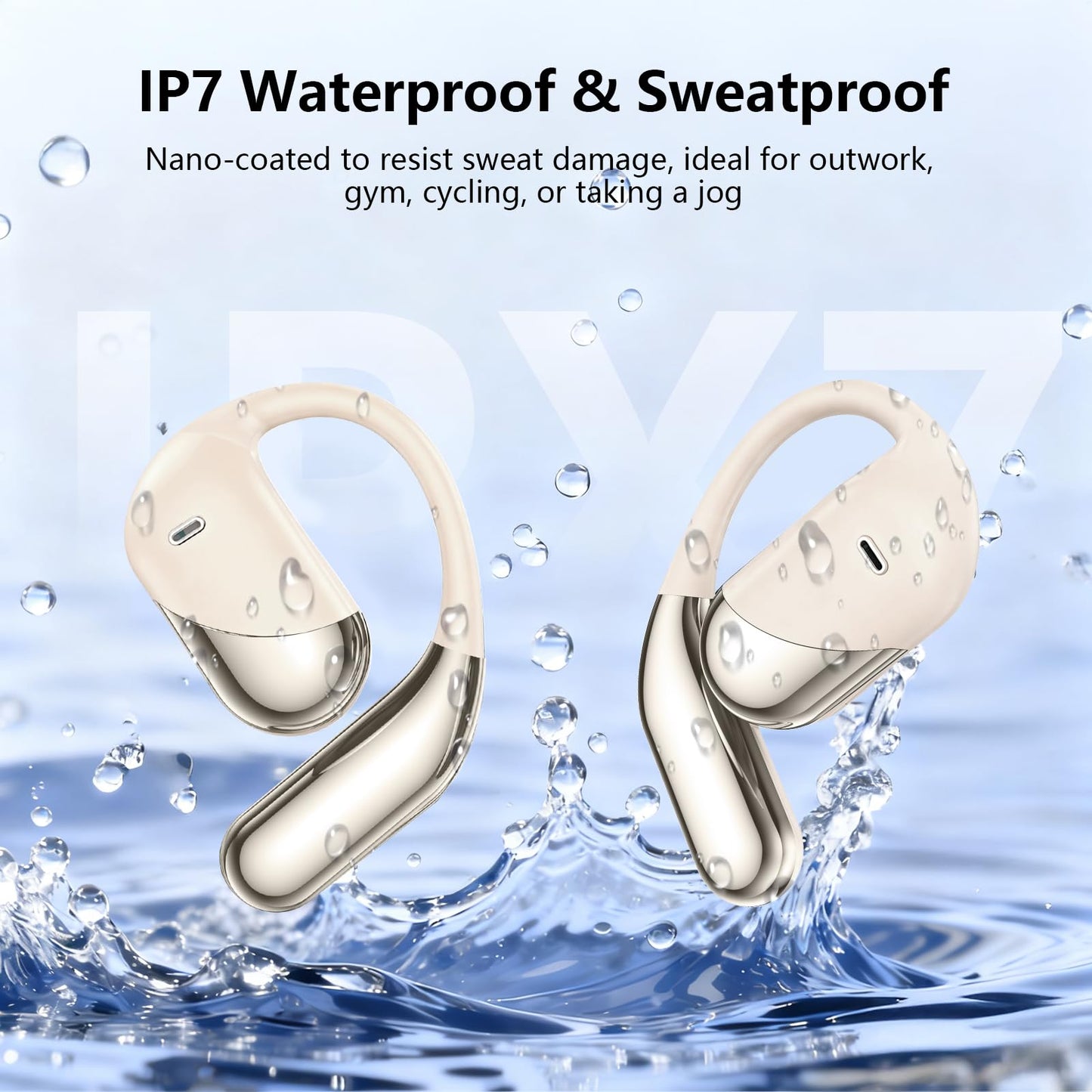 Open Ear Wireless Earbuds, Sports Bluetooth Headphones with Real Time Translation, 80Hrs Playtime with LED Power Display, Noise Canceling Headset, IPX7 Waterproof Earphones for Workout/Running