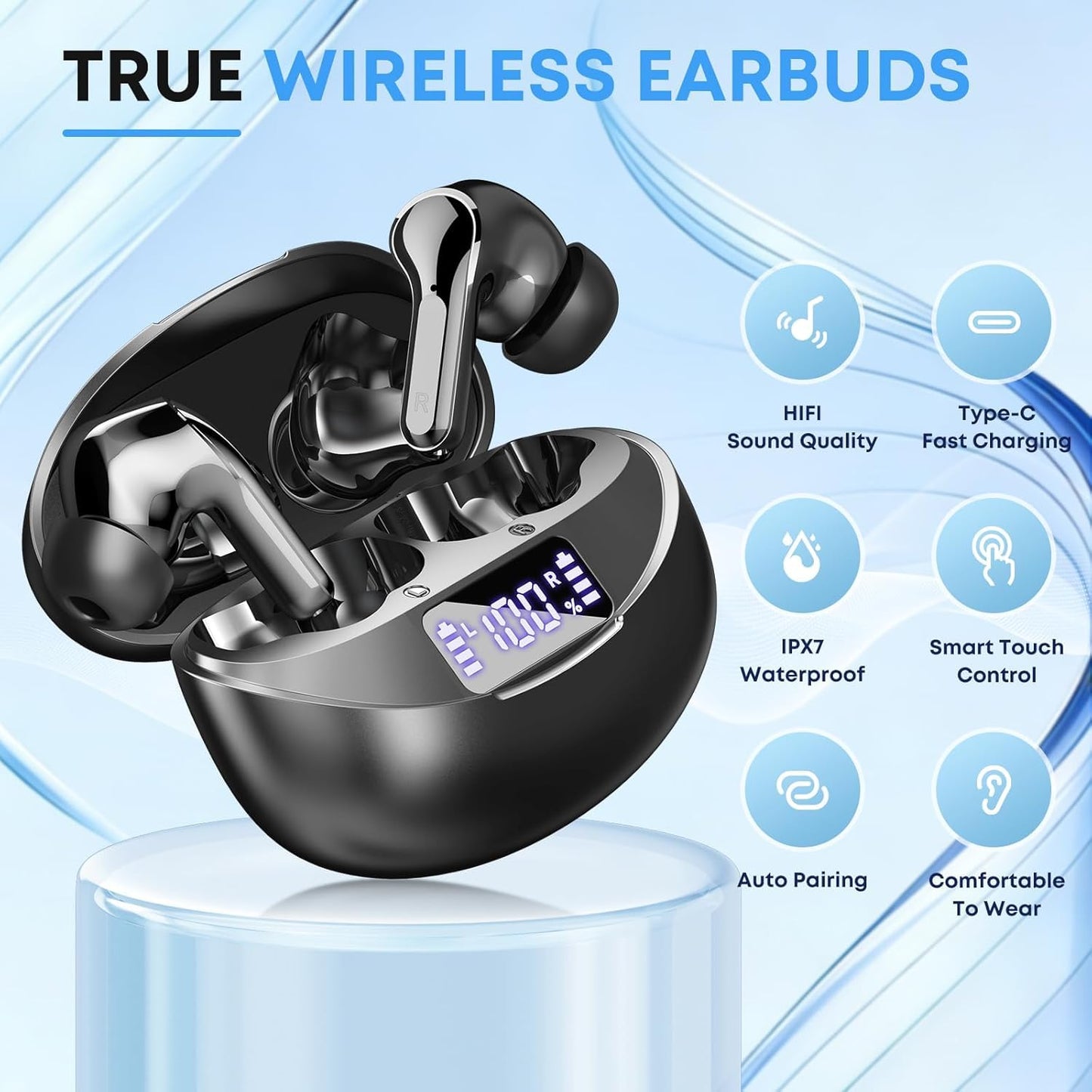 Wireless Earbuds, Bluetooth 5.4 Headphones HiFi Stereo 50H Playback LED Digital Display Ear Buds with ENC Noise Canceling Headset, IPX7 Waterproof Earphones for Running/Workout