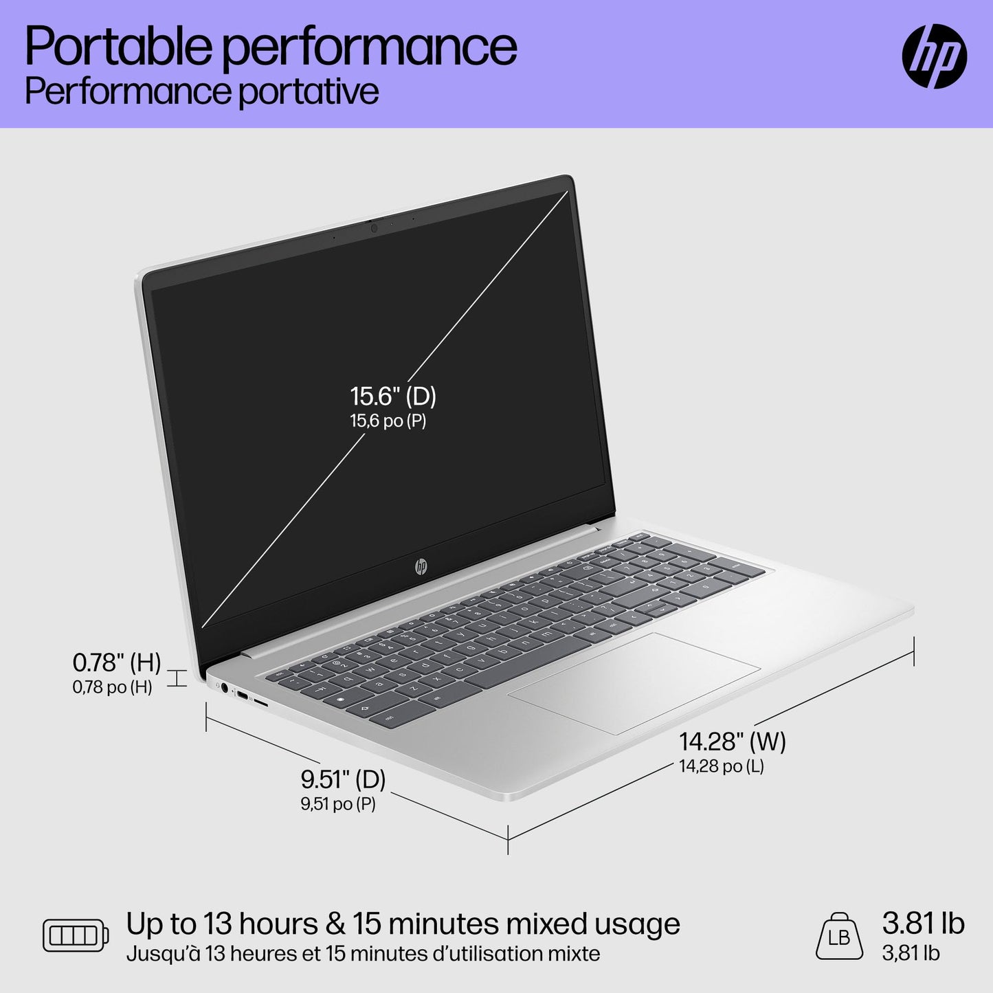 HP Chromebook Plus 15.6 inch Laptop, Full HD Display, Intel Core i3-N305, 8 GB RAM, 256 GB UFS, Intel UHD Graphics, Chrome OS, 15a-nb0006ca