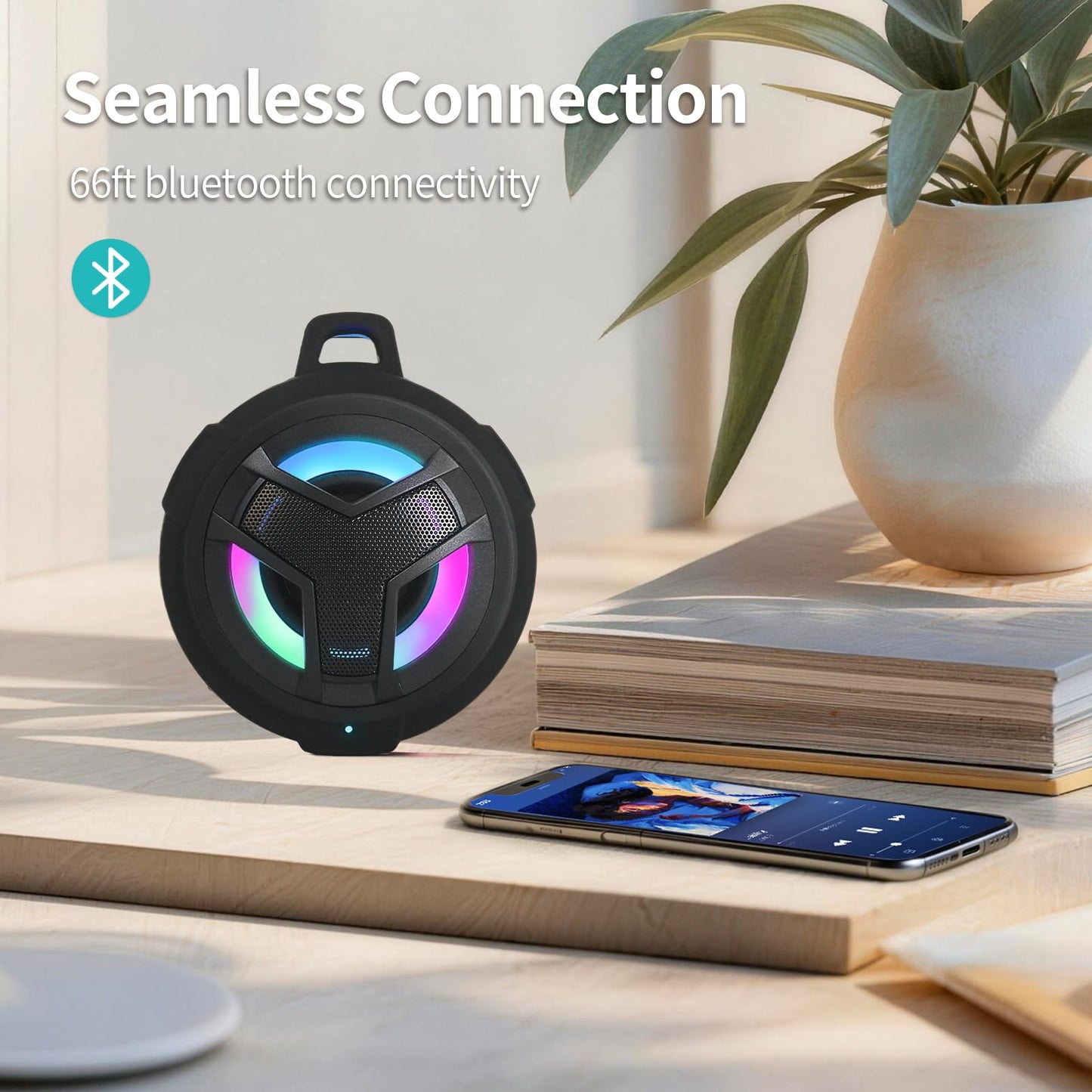 EBODA Bluetooth Shower Speaker, Portable Bluetooth Speakers, IP67 Waterproof Outdoor Speaker Wireless with LED Light, Floating, 2000mAh, True Wireless Stereo for Pool, Kayak, Bike, Golf, Gifts -Black