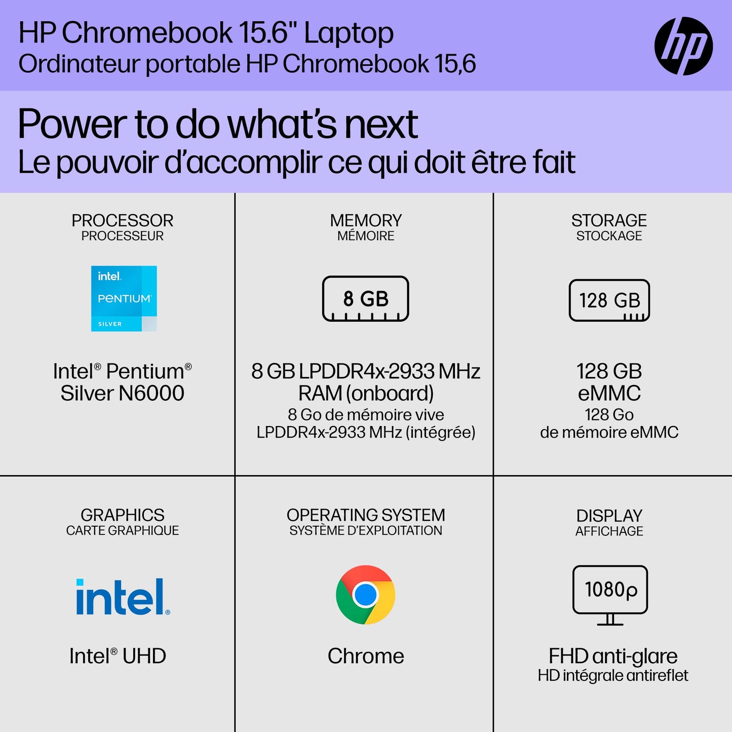 HP Chromebook Plus 15.6 inch Laptop, Full HD Display, Intel Core i3-N305, 8 GB RAM, 256 GB UFS, Intel UHD Graphics, Chrome OS, 15a-nb0006ca