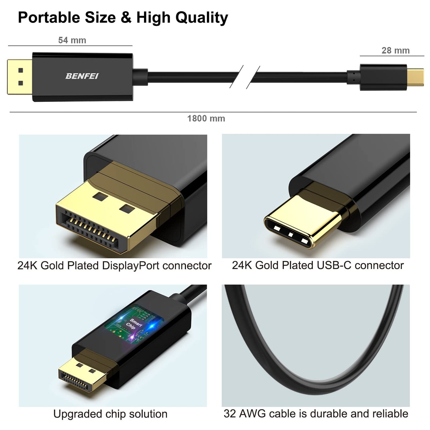 BENFEI USB-C to DisplayPort 6 Feet Cable(8K@60Hz 4K@144Hz), USB Type-C to DisplayPort Cable [Thunderbolt 3/4 Compatible] with iPhone 15 Pro/Max, MacBook Pro/Air 2023, iPad Pro, iMac, S23, XPS 17