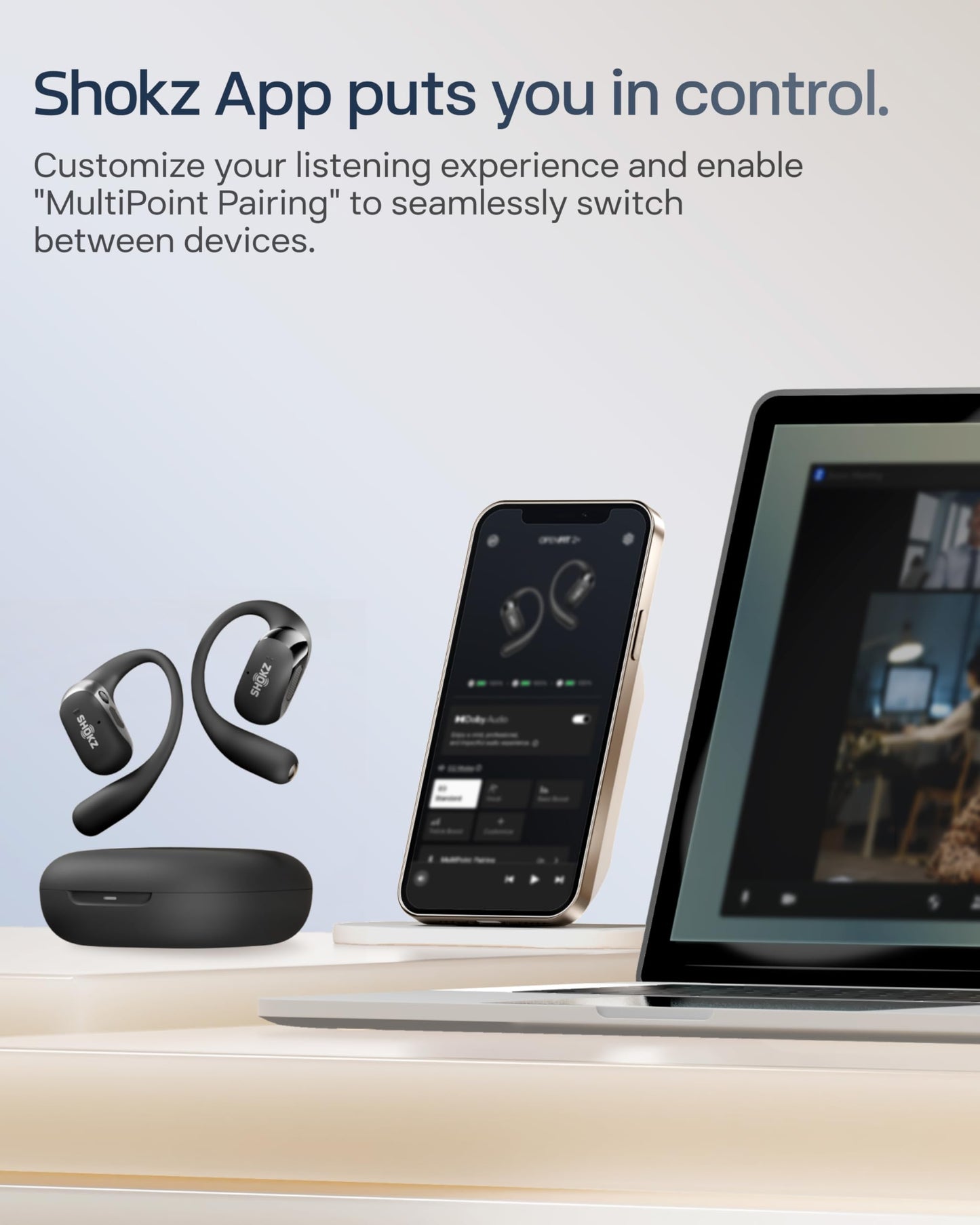 SHOKZ New OpenFit 2+ Open-Ear Headphones, Dolby Audio Enabled, Comfortable Earbuds with Soft Ear Hooks, 48H Playtime, IP55 Water-Resistant, USB-C Fast Charging, Wireless Charging, Carrying Bag,Black