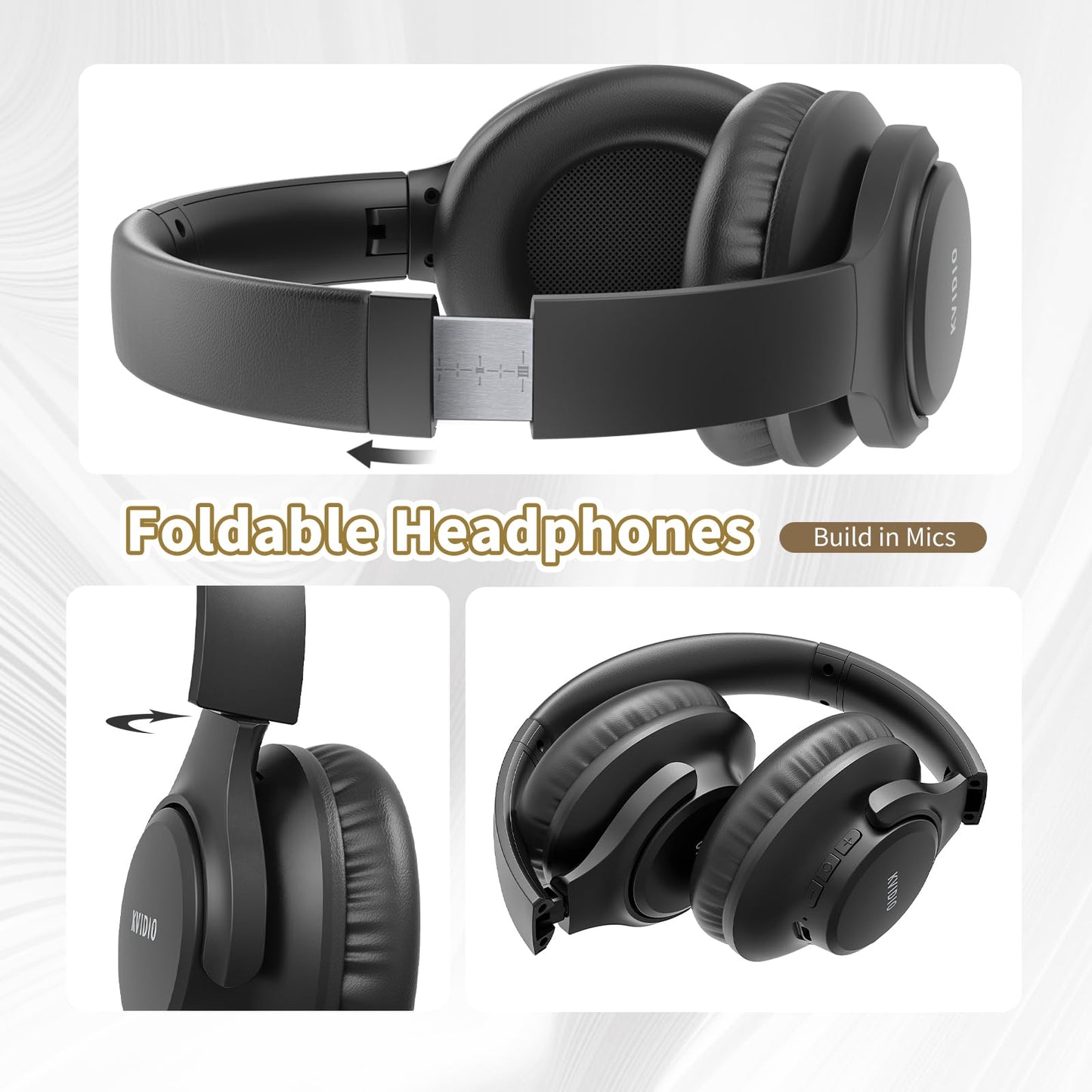 KVIDIO Bluetooth Headphones Over Ear, 65 Hours Wireless Headphones with Microphone, Foldable Lightweight HiFi Stereo Headset with Deep Bass for Travel Work Laptop PC Cellphone