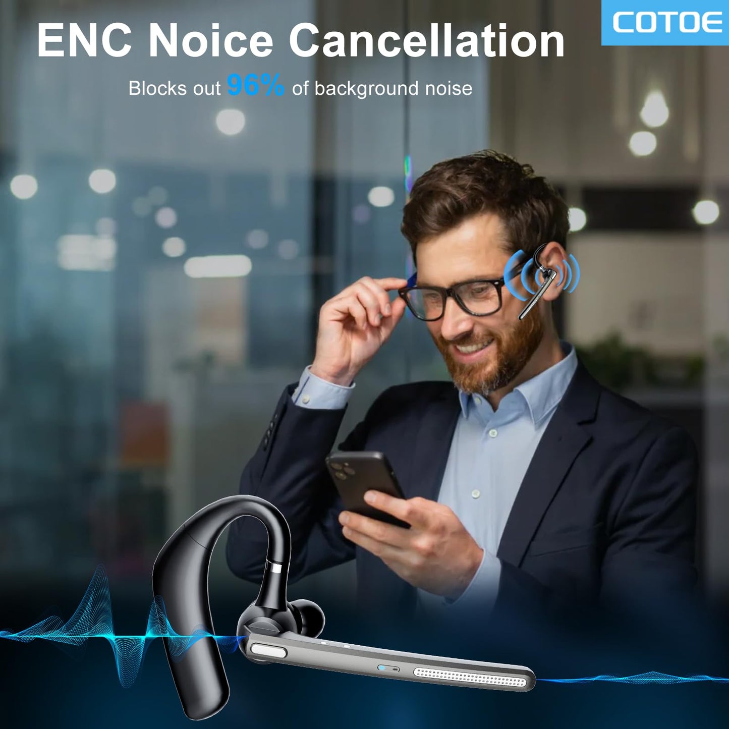 Bluetooth Headset with 72-Hour Talk Time & 500mAh Charging Case, Bluetooth V5.3 Headset with Noise Cancelling Mic – Wireless Earpiece Hands-Free Headphones for Office Trucker Driving Business,Black