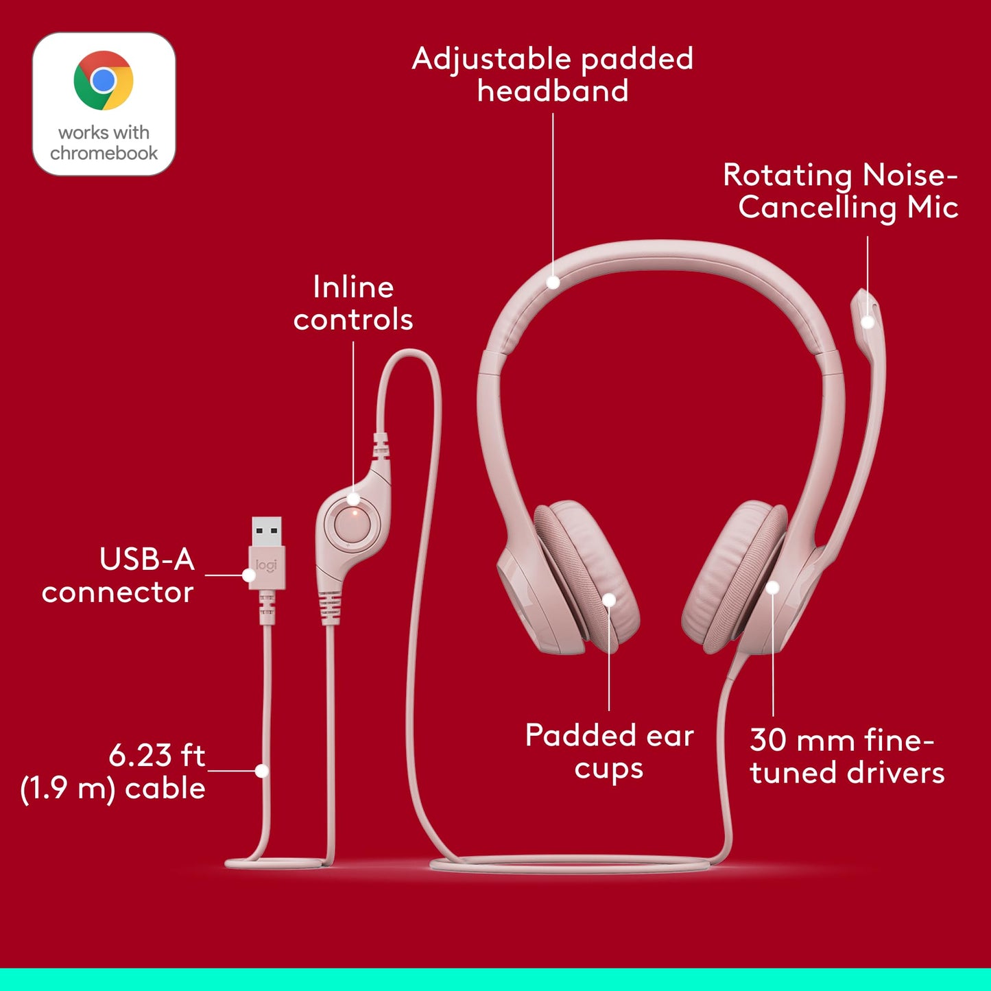 Logitech H390 Wired Headset for PC/Laptop, Stereo Headphones with Noise Cancelling Microphone, USB-A, in-Line Controls, Works with Chromebook - Rose, 1 Pack