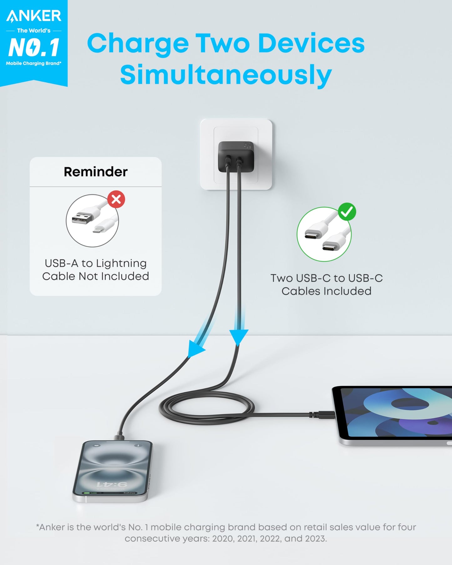 Anker iPhone 17/16 Charger, 2-Pack 20W Fast USB C Charger Block, for iPhone 17/16/16 Pro Max/15 Series/iPad Pro and More (2 Pack & 2 Cable)(Black)