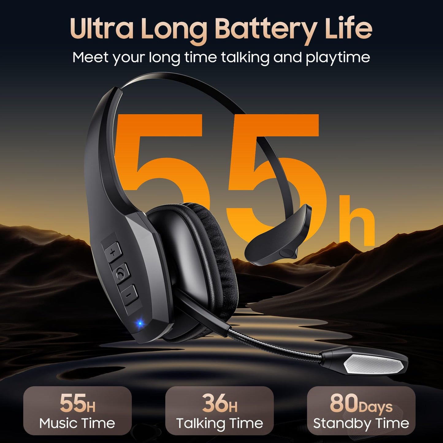 Bluetooth Headset with Microphone, Trucker Headset Bluetooth Wireless Noise Cancelling & Mute Button, 55 Hours Working Time Wireless On-Ear Headset