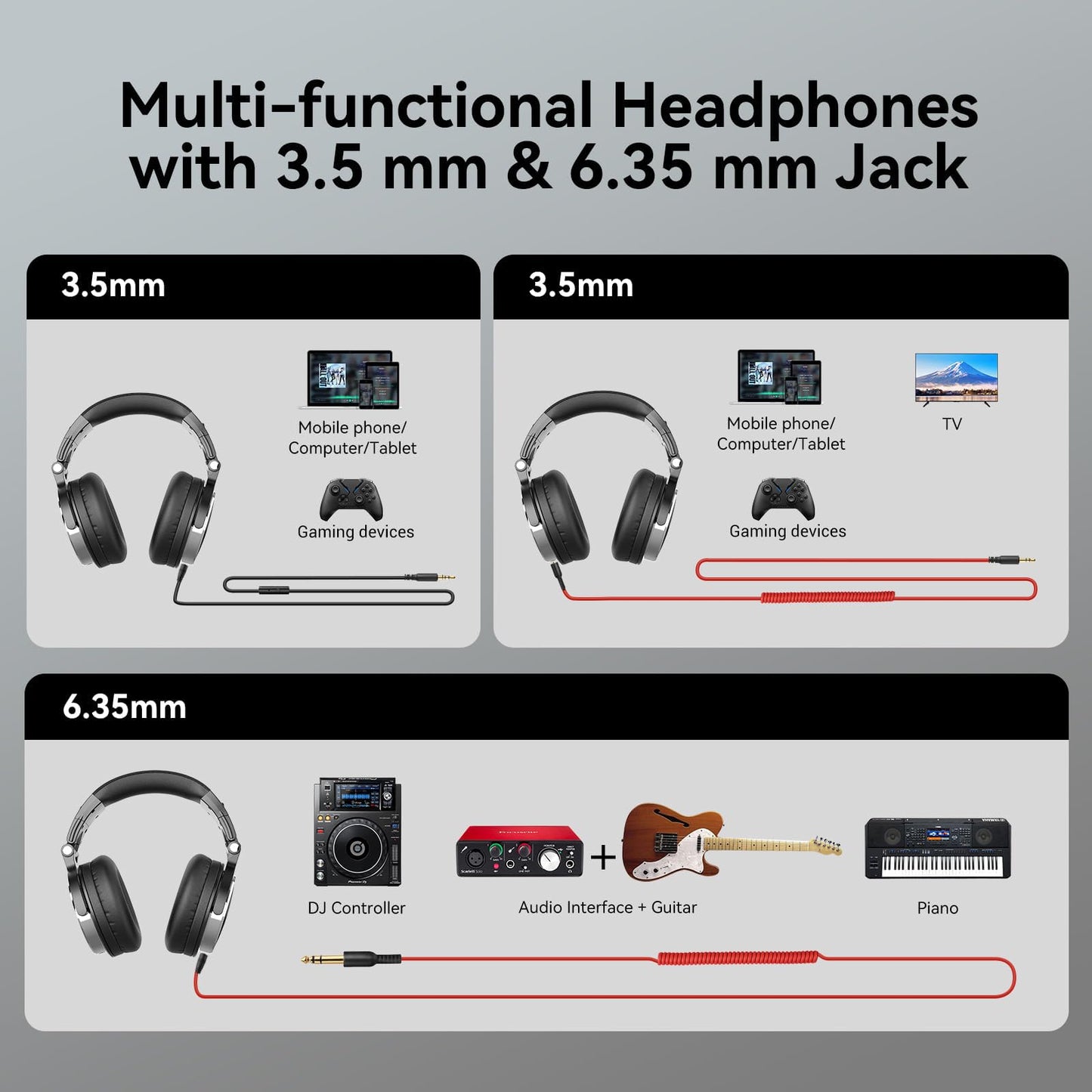 OneOdio Pro-10 Over-Ear Wired Headphones for School, Studio Monitor & Mixing, DJ Stereo Headsets, 50mm Neodymium Drivers, In-Line Mic, 3.5mm/6.35mm Jack for AMP, Computer, Recording, Phone, Piano, Guitar
