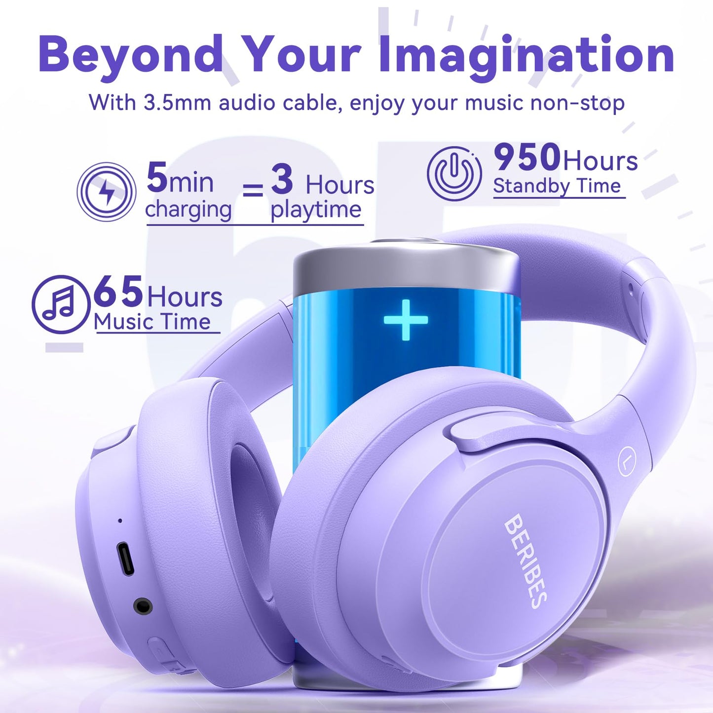 BERIBES Bluetooth Headphones Over Ear,65H Playtime and 6 EQ Modes Wireless Headphones with Microphone,Immersive Bass,HiFi Stereo,Foldable Lightweight Headset with Built-in HD Mic for Cellphone/PC/Ect.