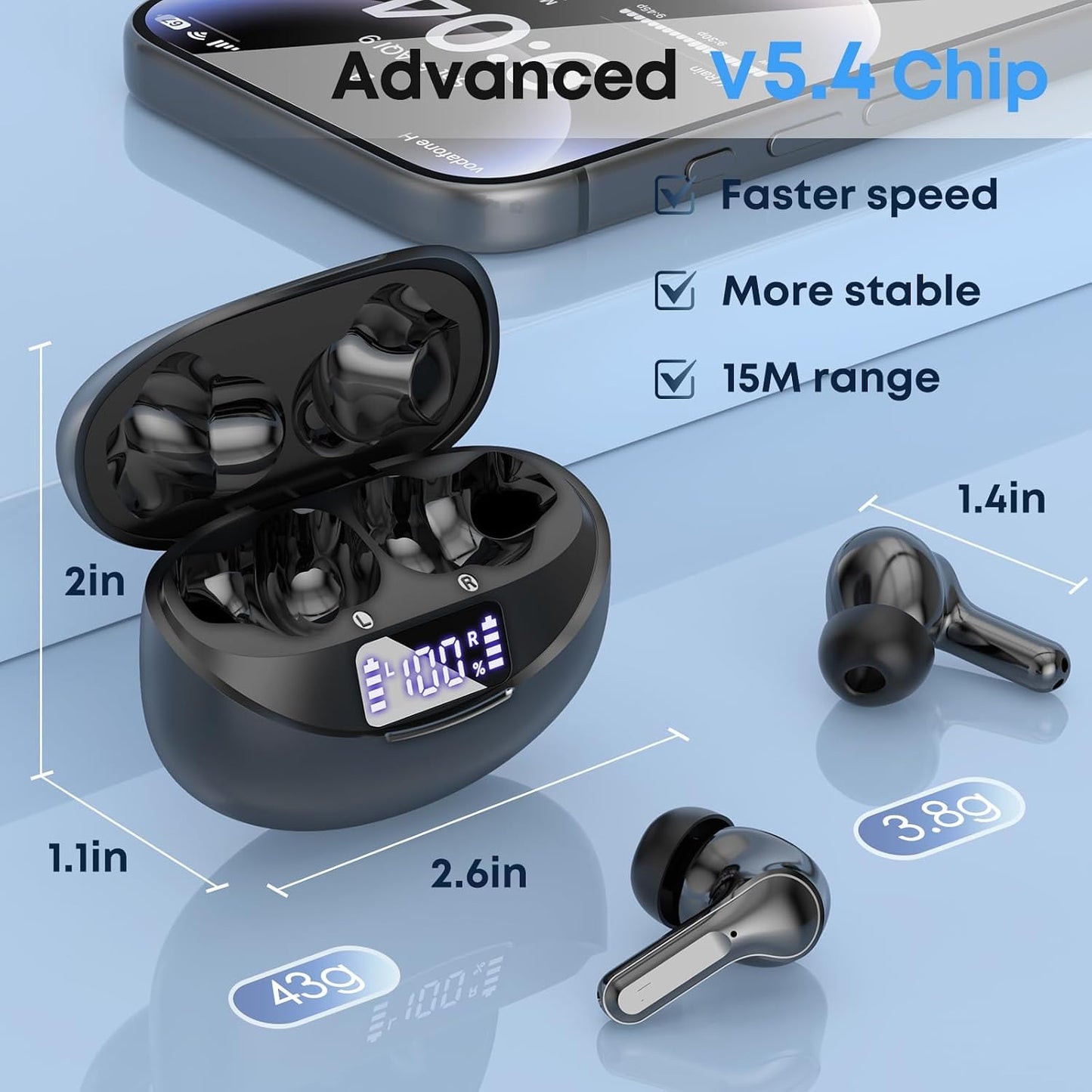 Wireless Earbuds, Bluetooth 5.4 Headphones HiFi Stereo 50H Playback LED Digital Display Ear Buds with ENC Noise Canceling Headset, IPX7 Waterproof Earphones for Running/Workout
