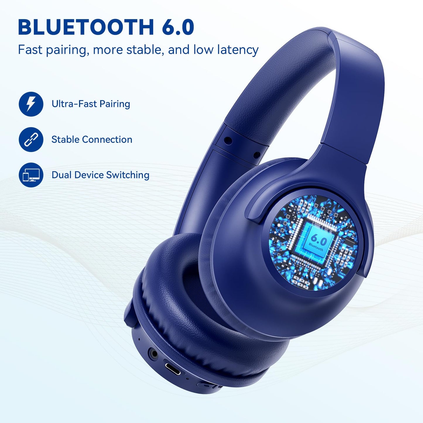 KVIDIO Bluetooth Headphones Over Ear, 65 Hours Wireless Headphones with Microphone, Foldable Lightweight HiFi Stereo Headset with Deep Bass for Travel Work Laptop PC Cellphone