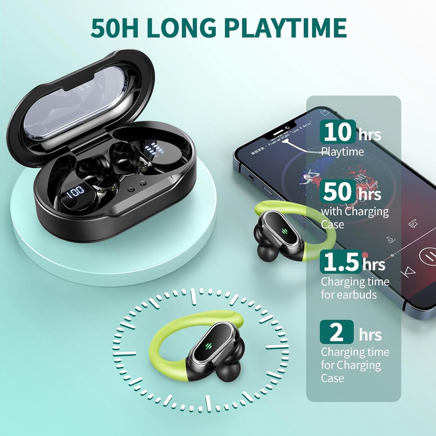 Wireless Earbuds, Bluetooth 5.4 Headphones Sport, LED Display Bluetooth Earbuds with ENC Noise Canceling Mic, 50H Stereo Wireless Headphones with Earhooks, IP7 Waterproof Ear Buds for Running/Workout