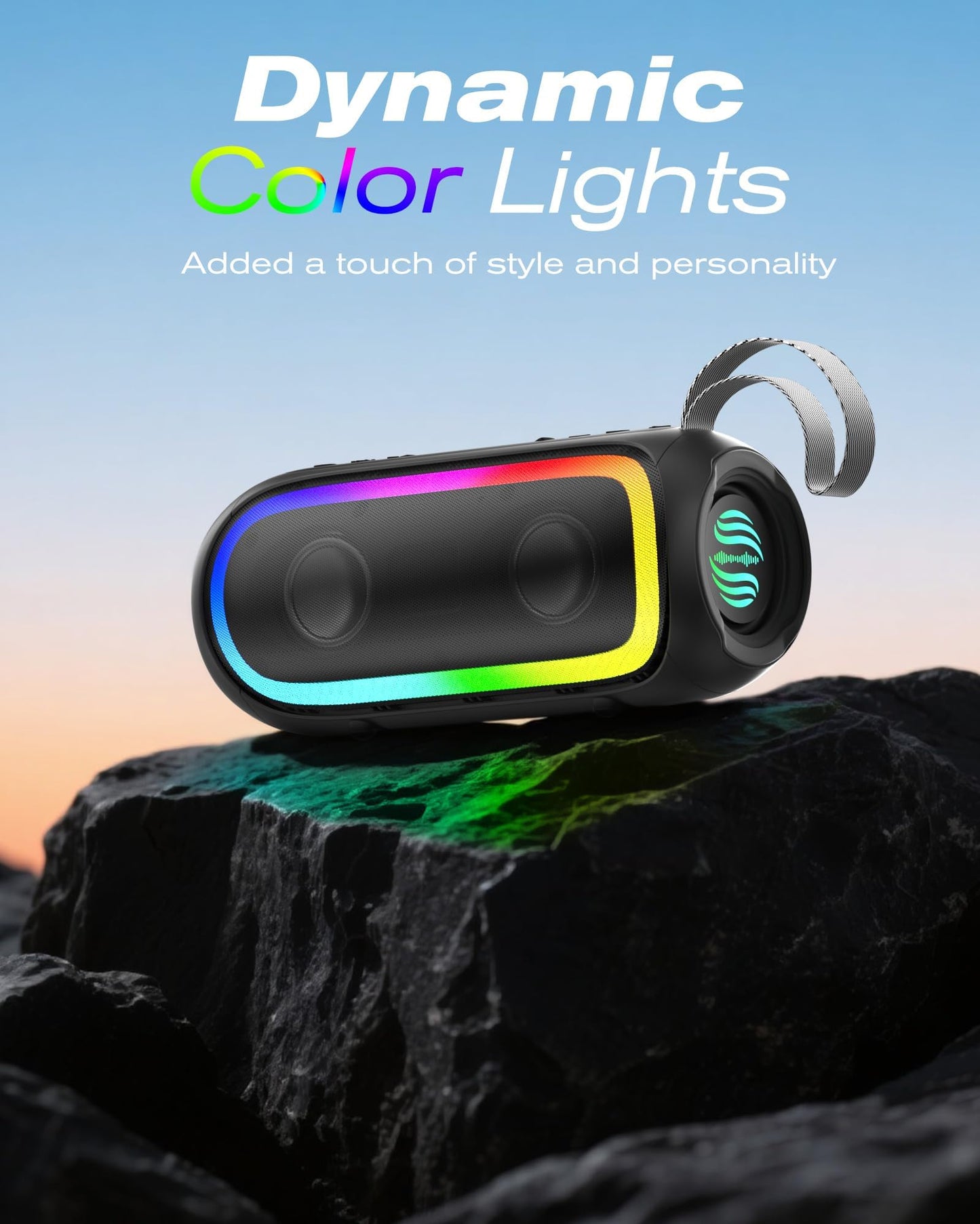 Portable Bluetooth Speaker, IPX6 Waterproof 20W HiFi Stereo Sound with Deep Bass 12H Playtime BT 5.2 Wireless TWS 7 Color Lights soundbox for Smartphone/Tablet/PC Apply to Home/Outdoor