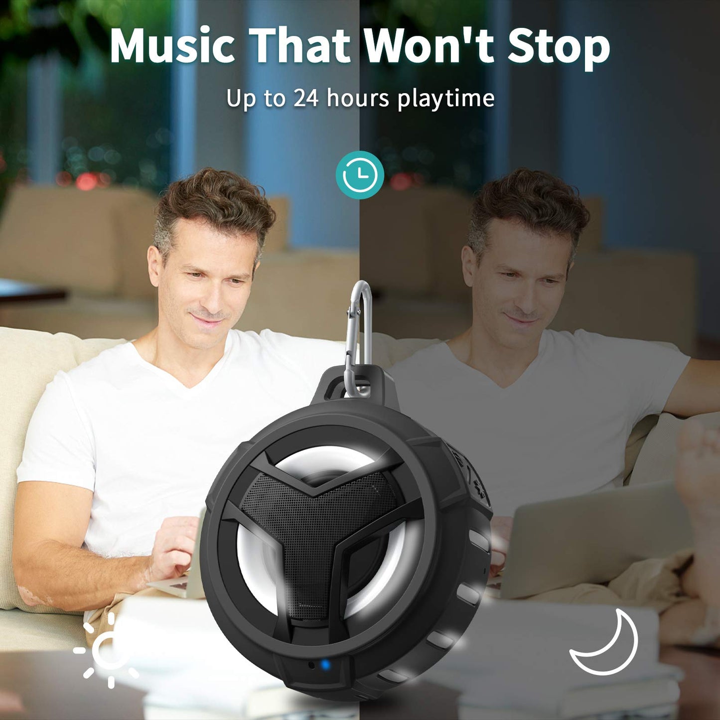 EBODA Bluetooth Shower Speaker, Portable Bluetooth Speakers, IP67 Waterproof Outdoor Speaker Wireless with LED Light, Floating, 2000mAh, True Wireless Stereo for Pool, Kayak, Bike, Golf, Gifts -Black
